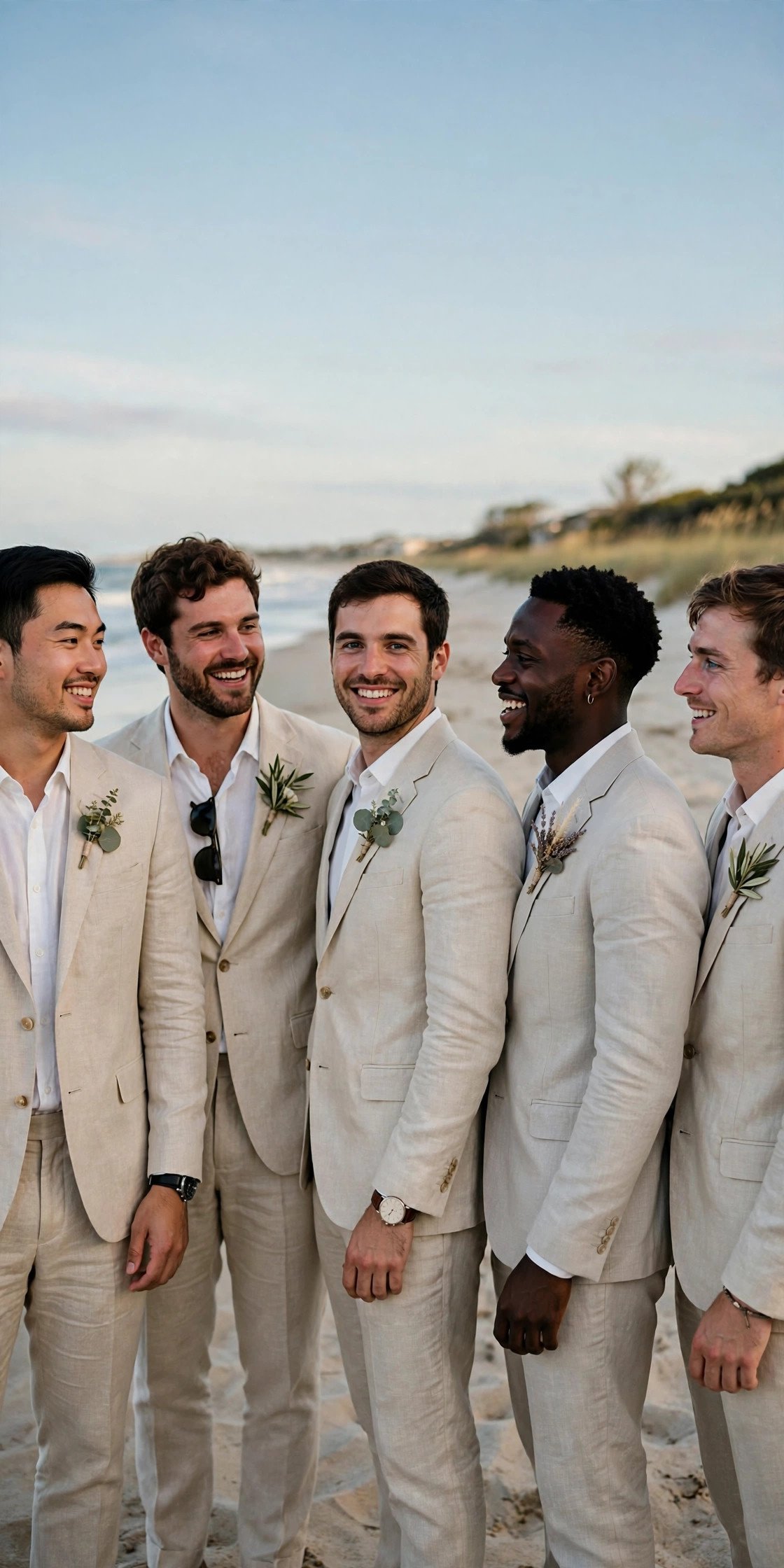 Groomsmen in light linen suits on a beach