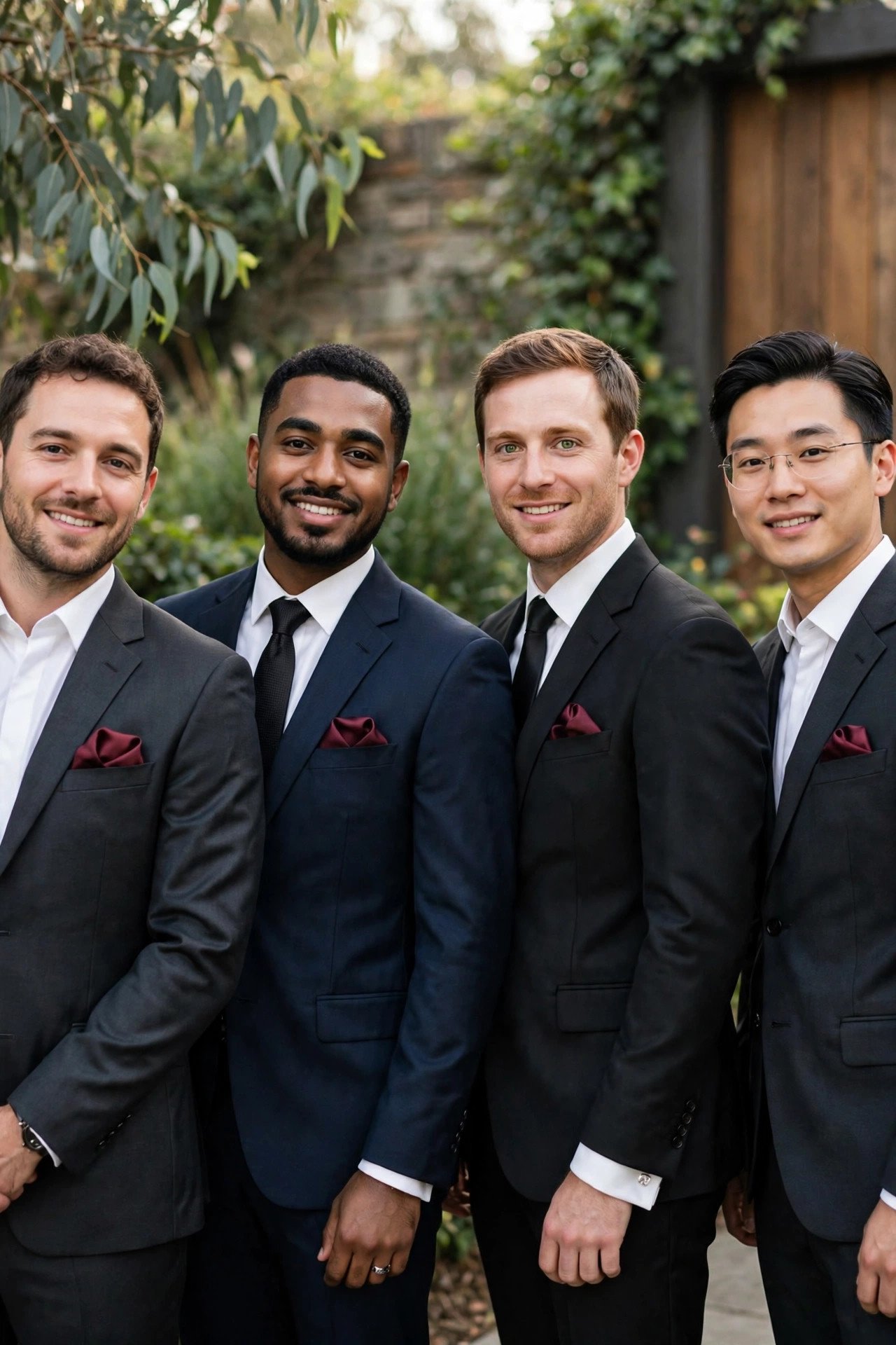 Groomsmen suits with burgundy pocket squares