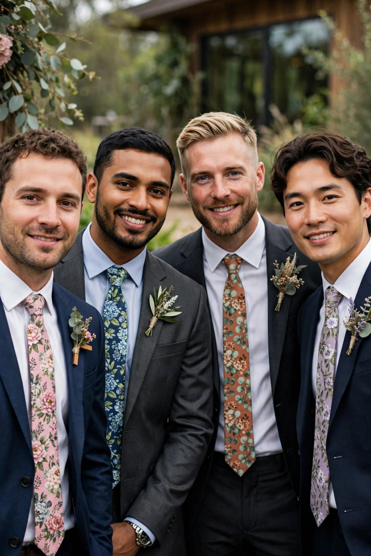 Groomsmen wearing floral pattern ties