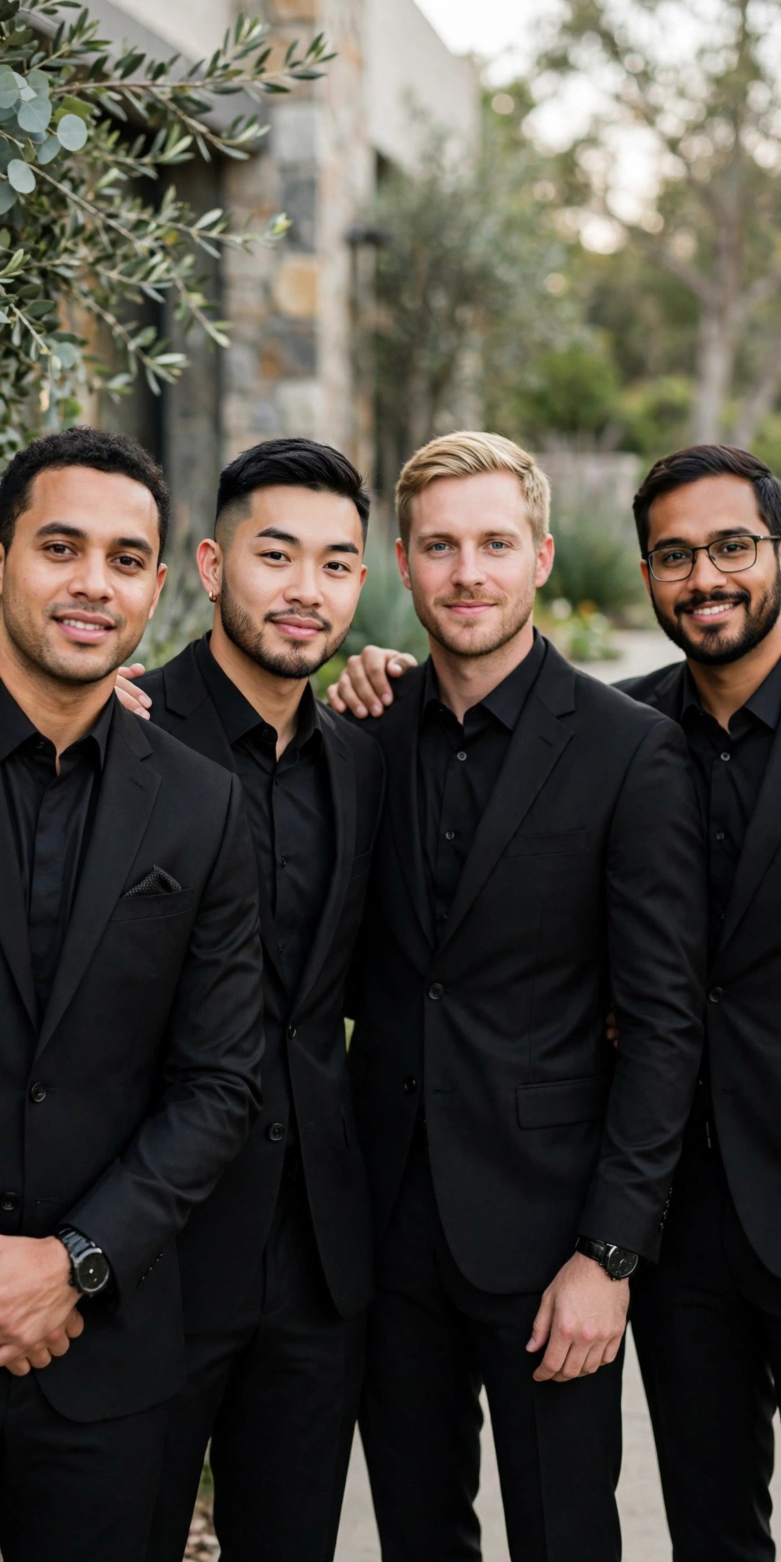 Groomsmen in all-black suits with black shirts