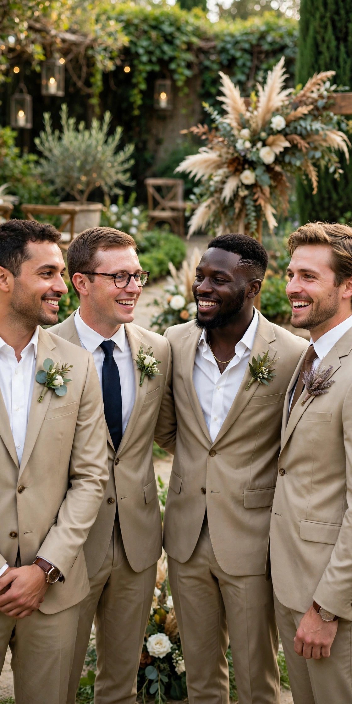 Groomsmen in tan suits at outdoor garden ceremony