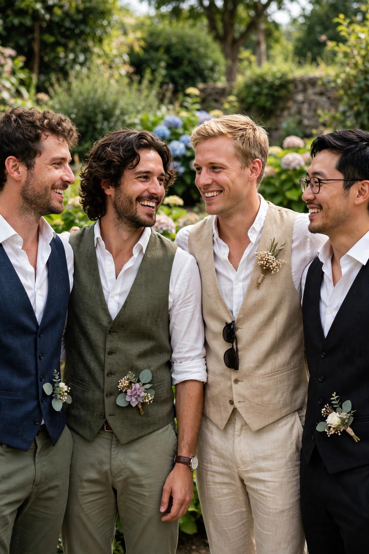 Groomsmen in waistcoats without jackets in summer