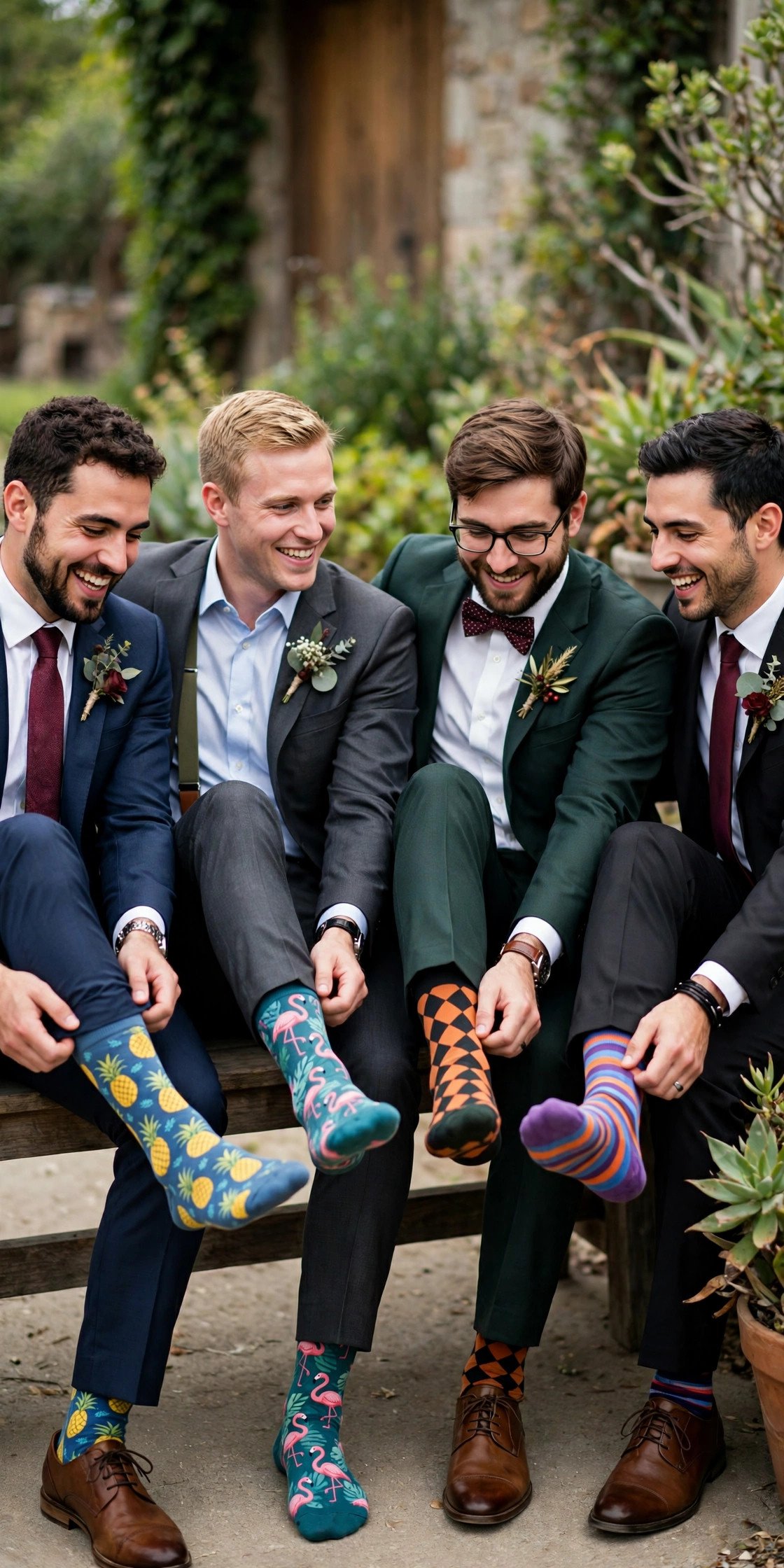 Groomsmen showing off fun patterned socks
