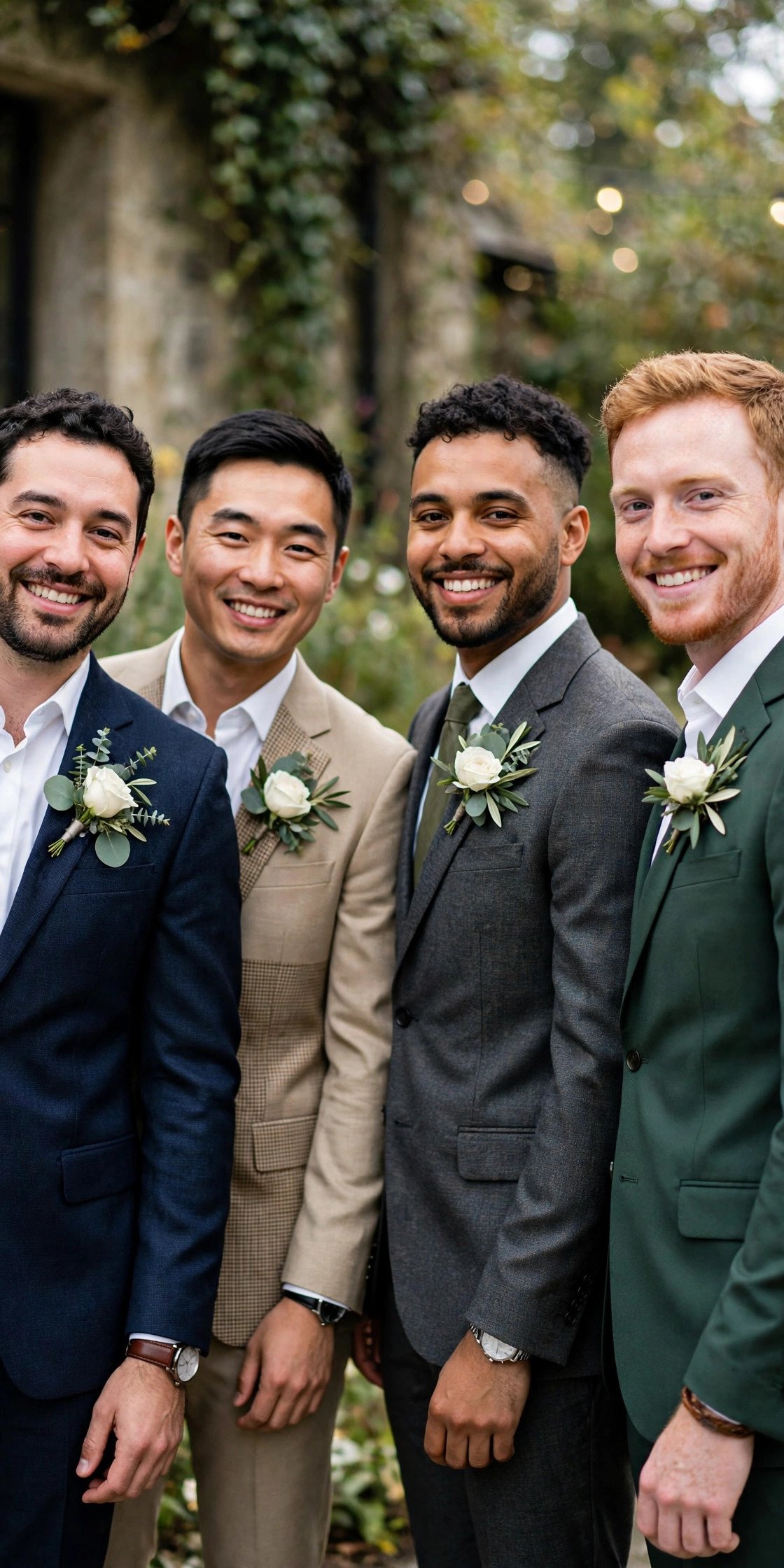 Groomsmen with matching boutonnieres in different suits