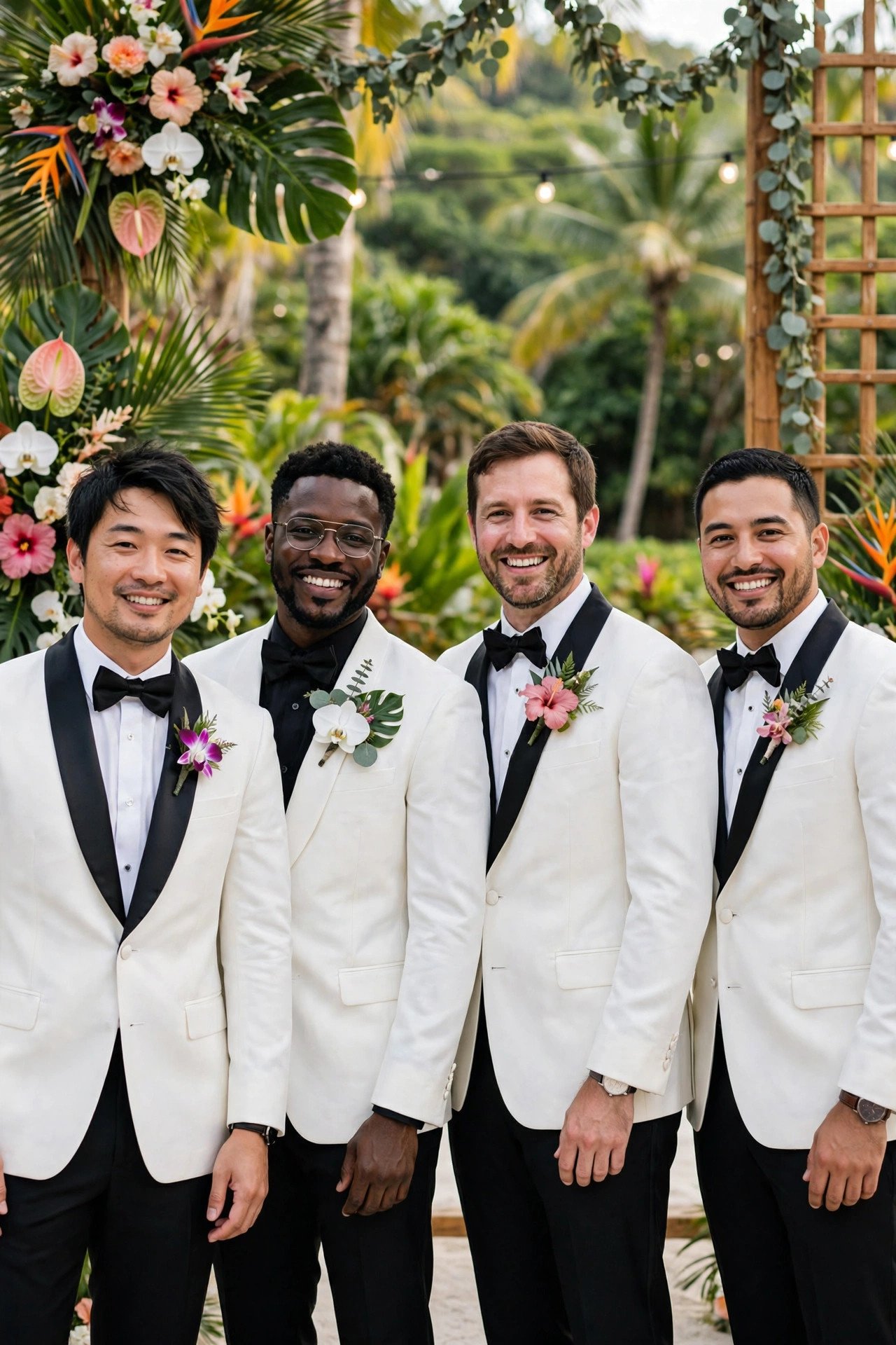 Groomsmen in white dinner jackets at tropical wedding