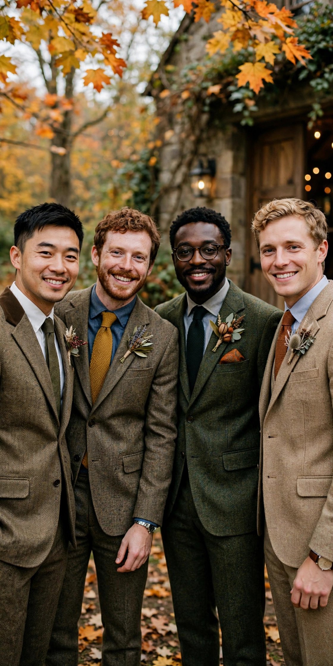 Groomsmen in tweed suits at autumn wedding