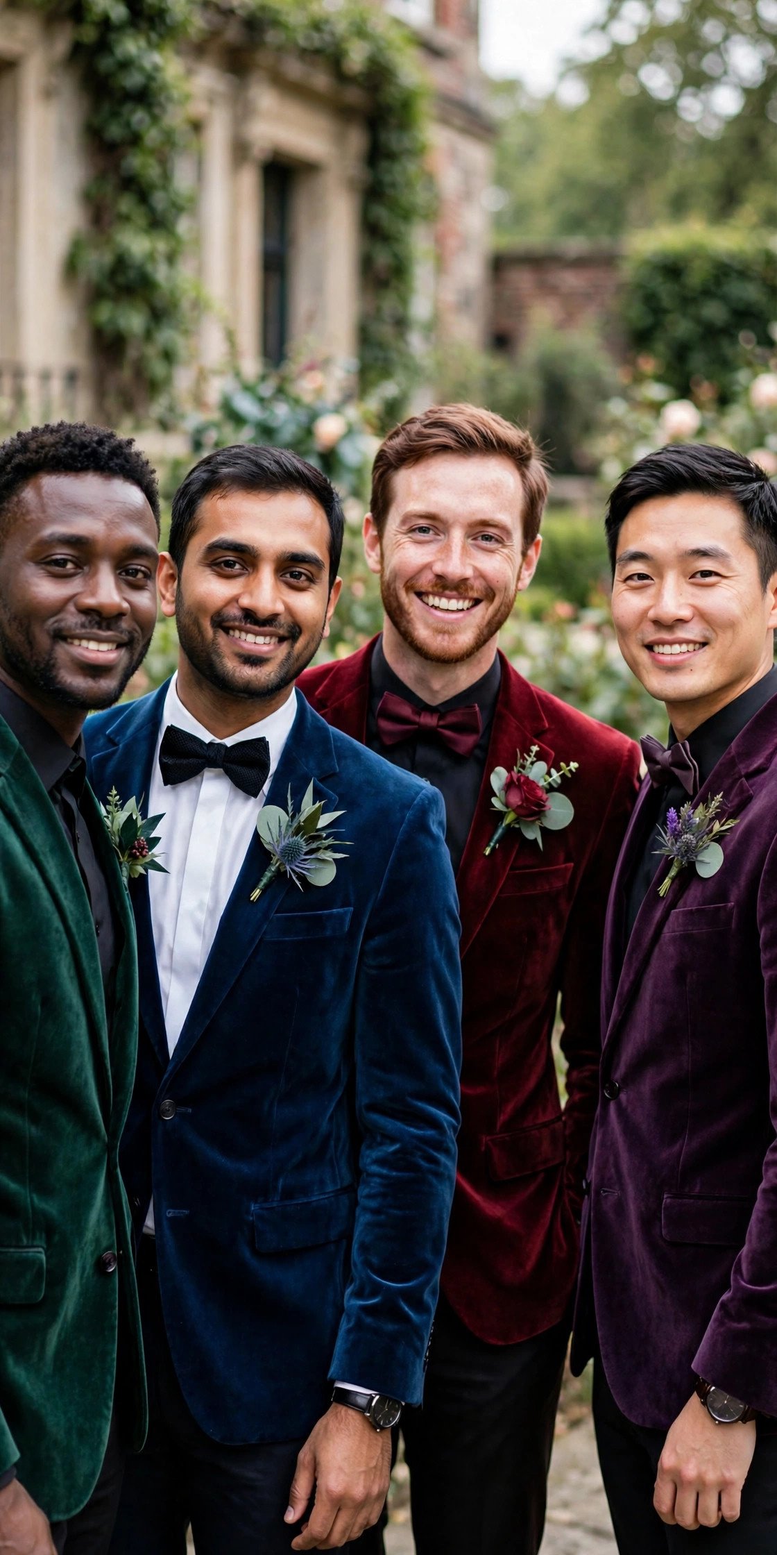 Groomsmen in velvet blazers in jewel tones
