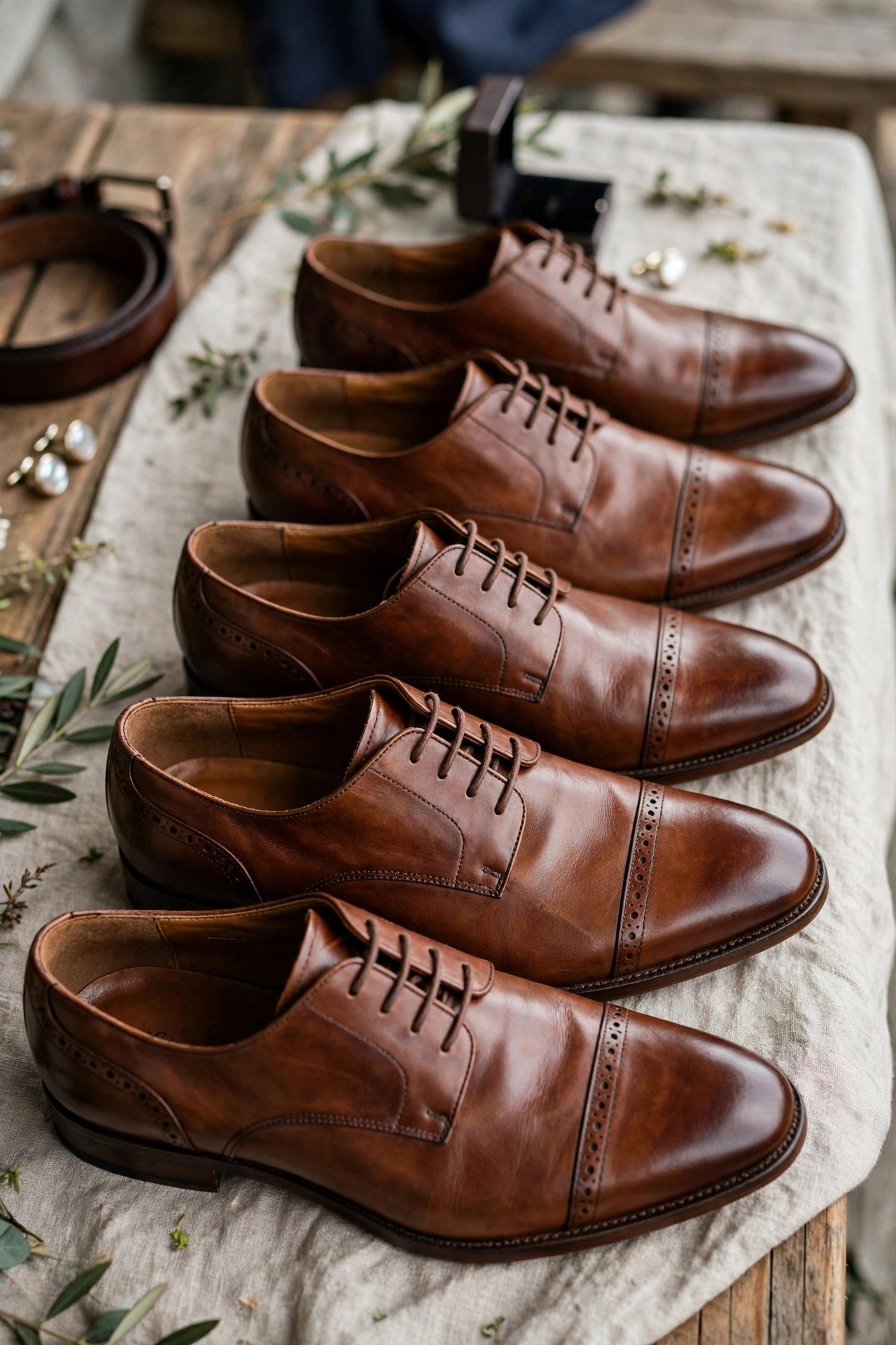 Groomsmen's matching brown leather shoes lined up