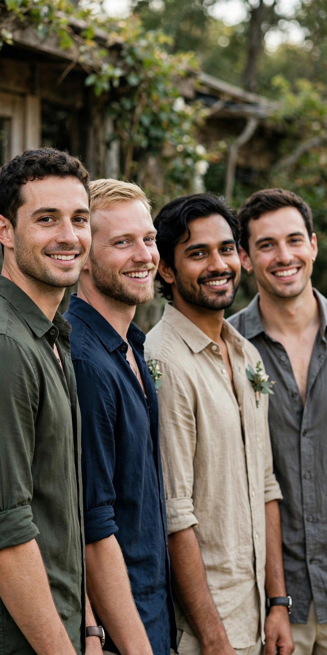 Groomsmen with rolled sleeves and open collars
