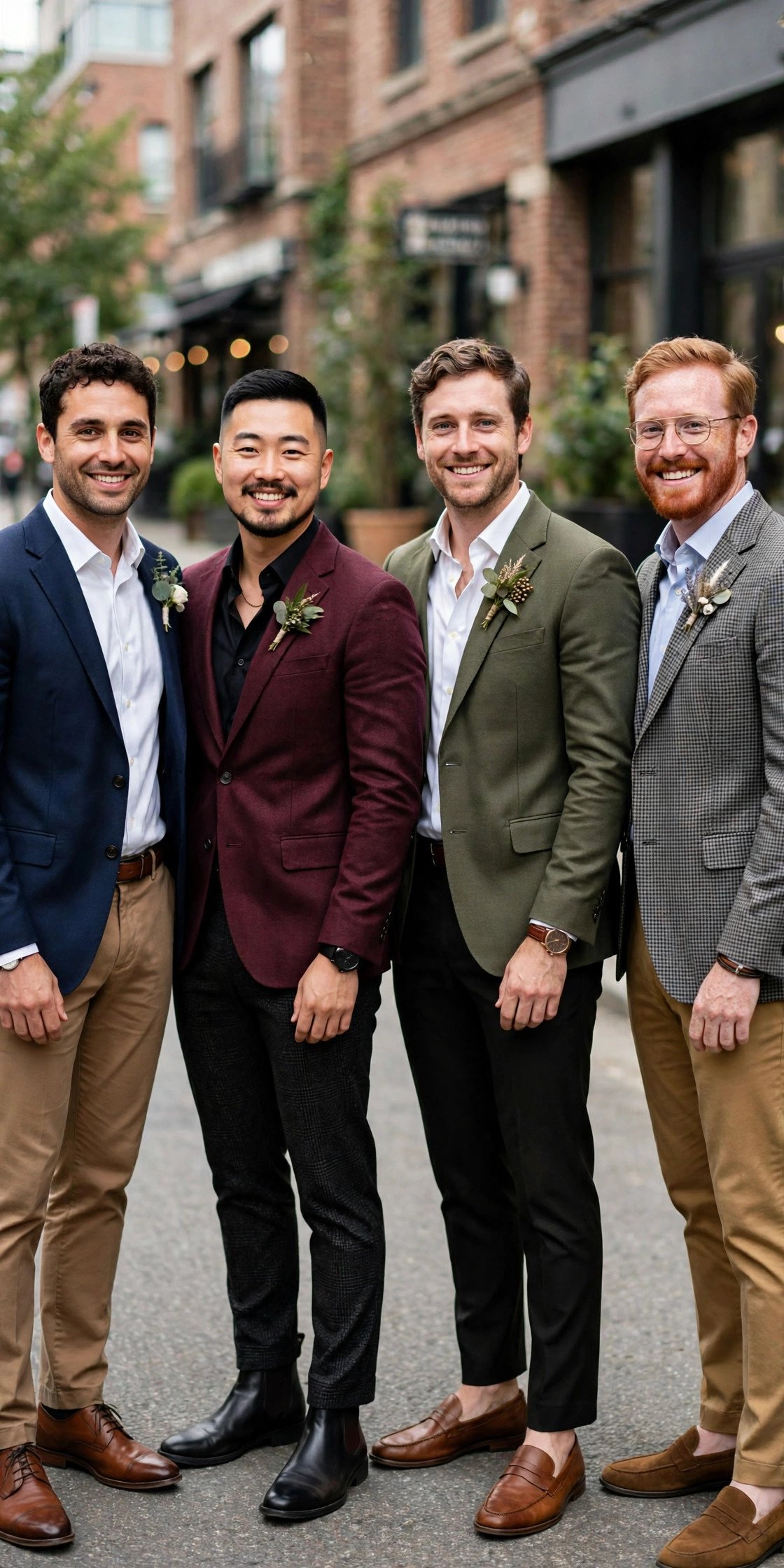 Groomsmen in contrasting blazer and trouser combinations