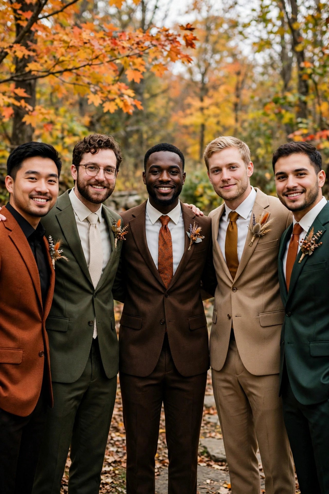 Groomsmen suits in seasonal autumn color palette