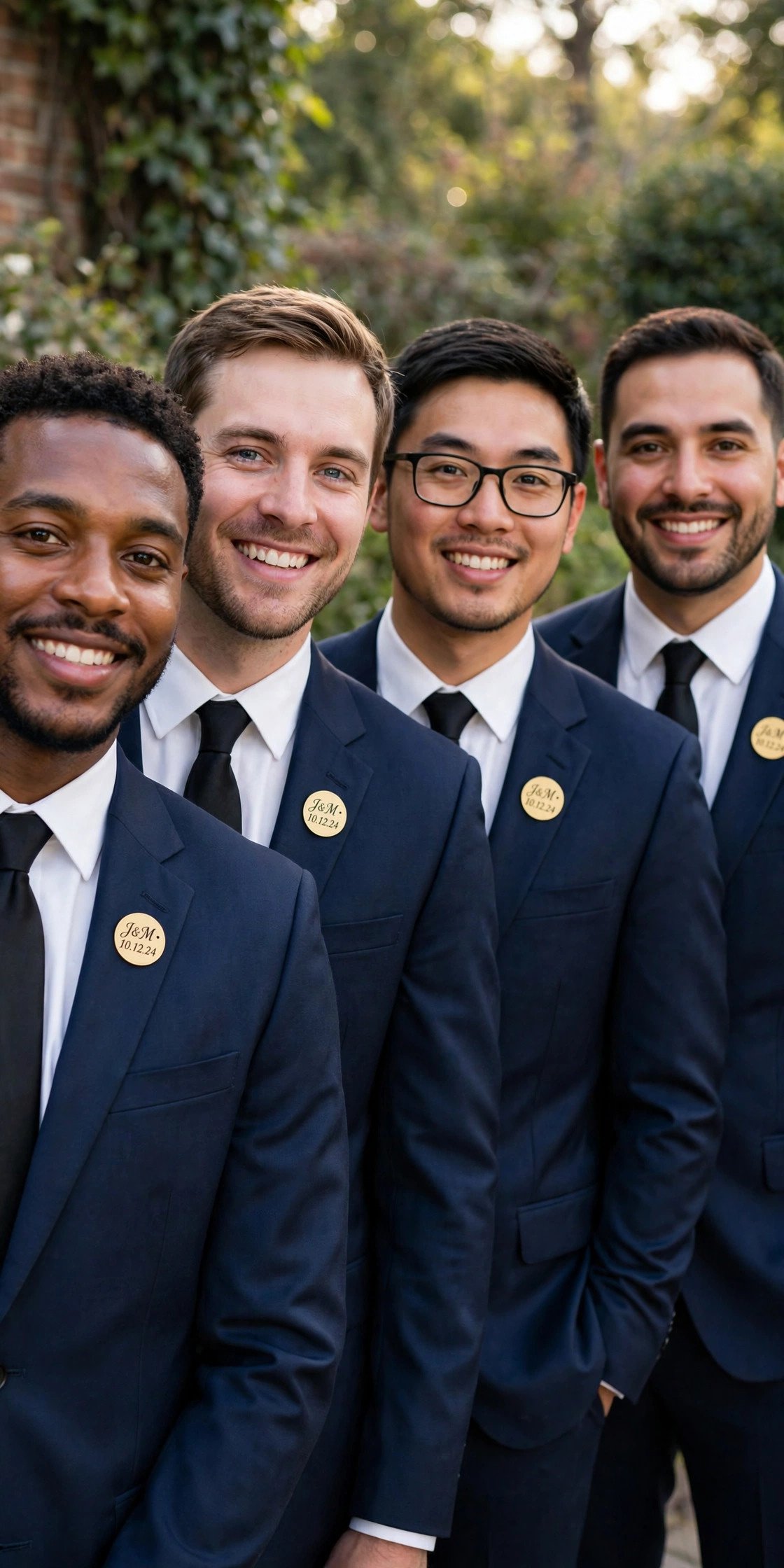 Groomsmen with matching personalized lapel pins
