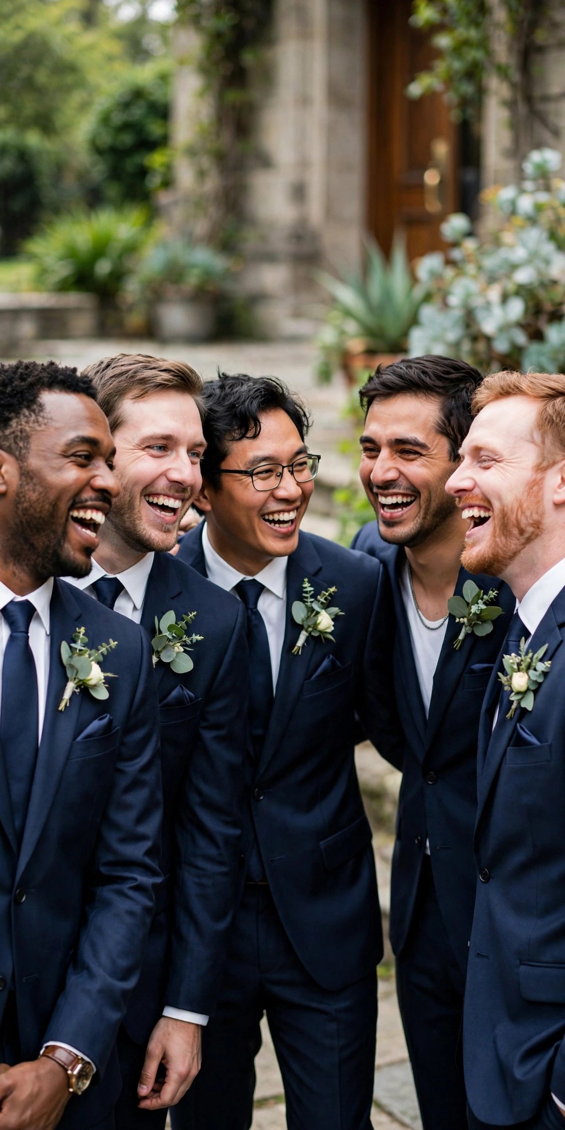 Group of groomsmen in matching navy suits laughing together before wedding