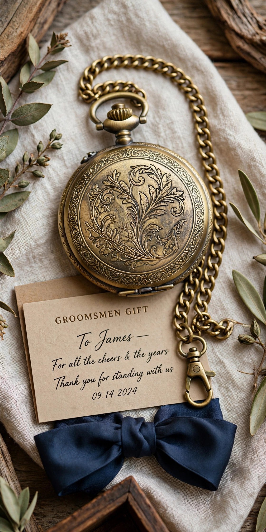Vintage-style engraved pocket watch with chain, a classic groomsmen gift