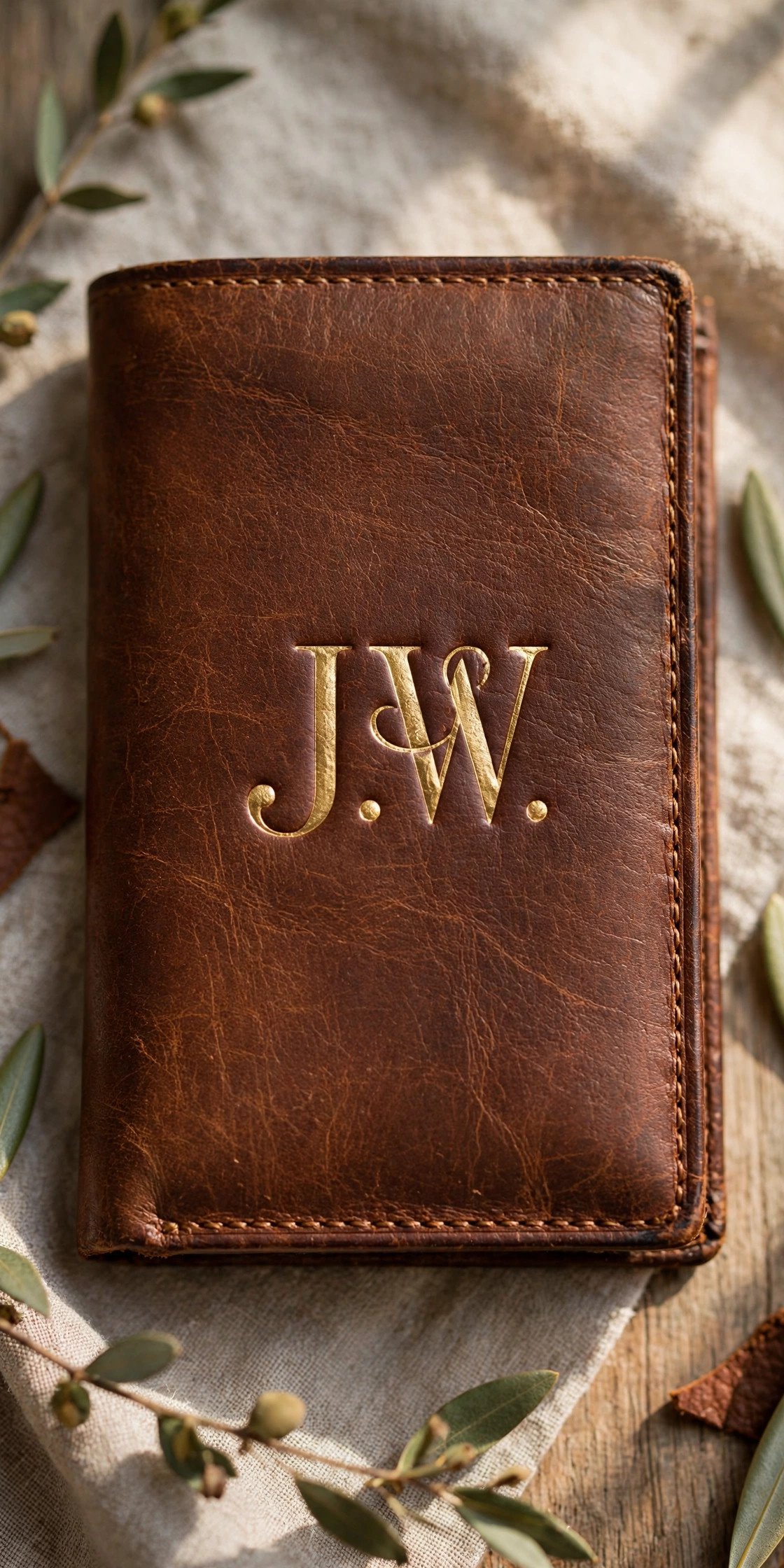 Brown leather bifold wallet with monogrammed initials