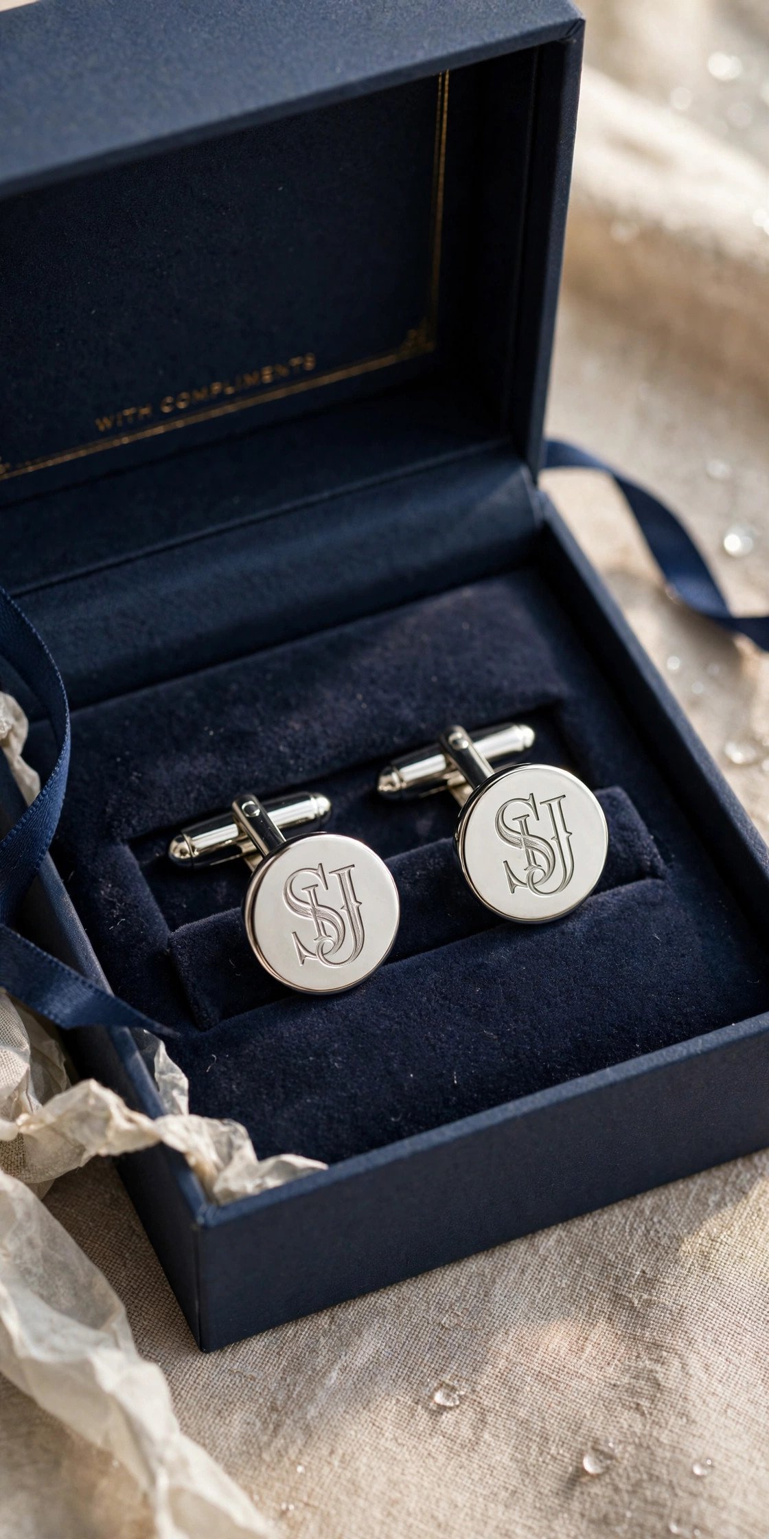 Silver monogrammed cufflinks in a gift box