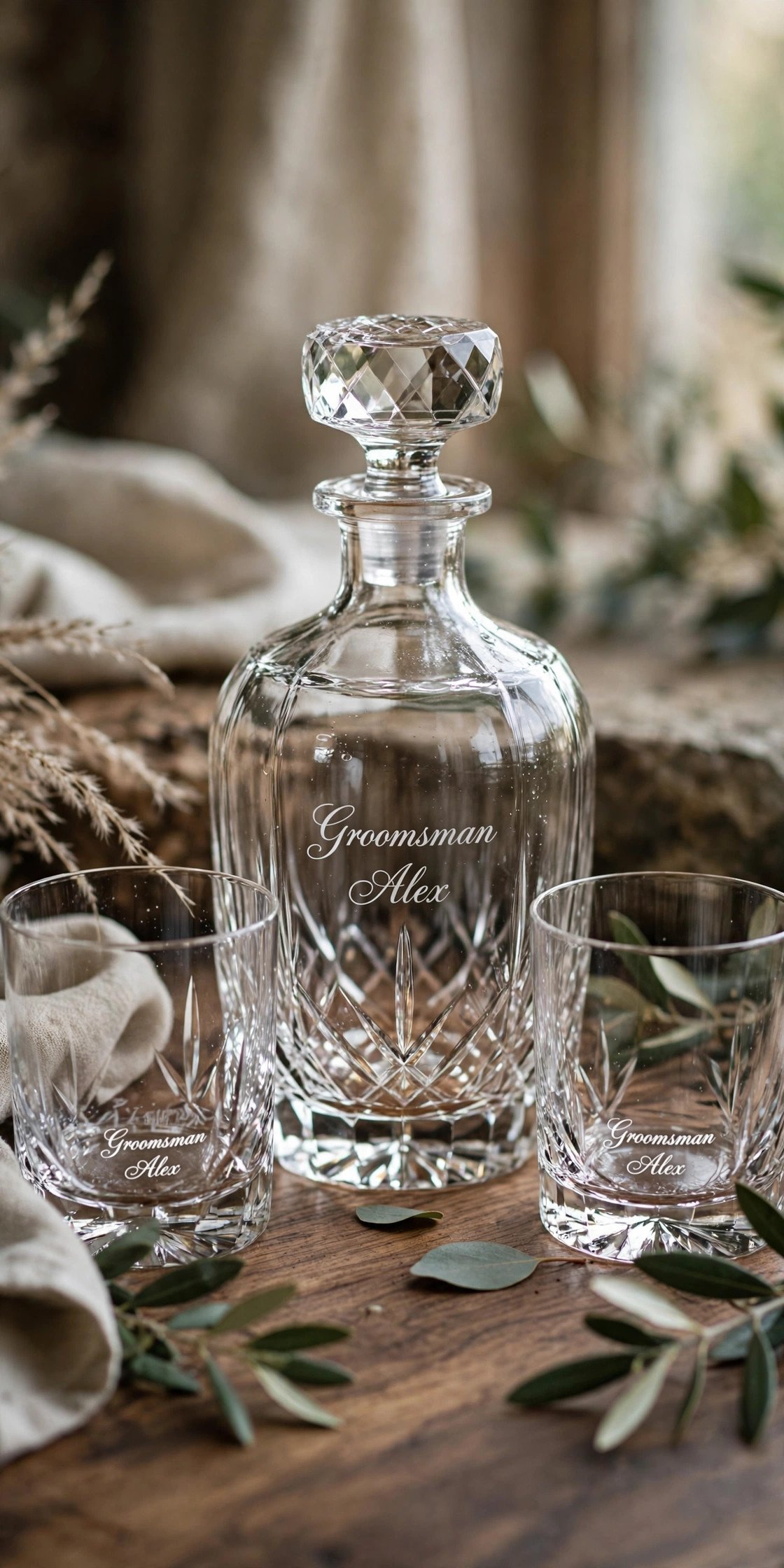 Crystal whiskey decanter with two glasses, engraved with groomsman name