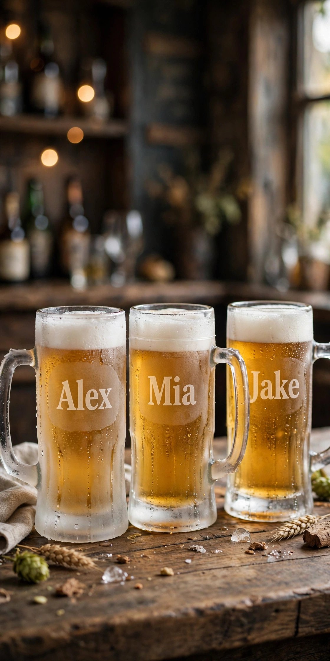 Frosted glass beer mugs engraved with names