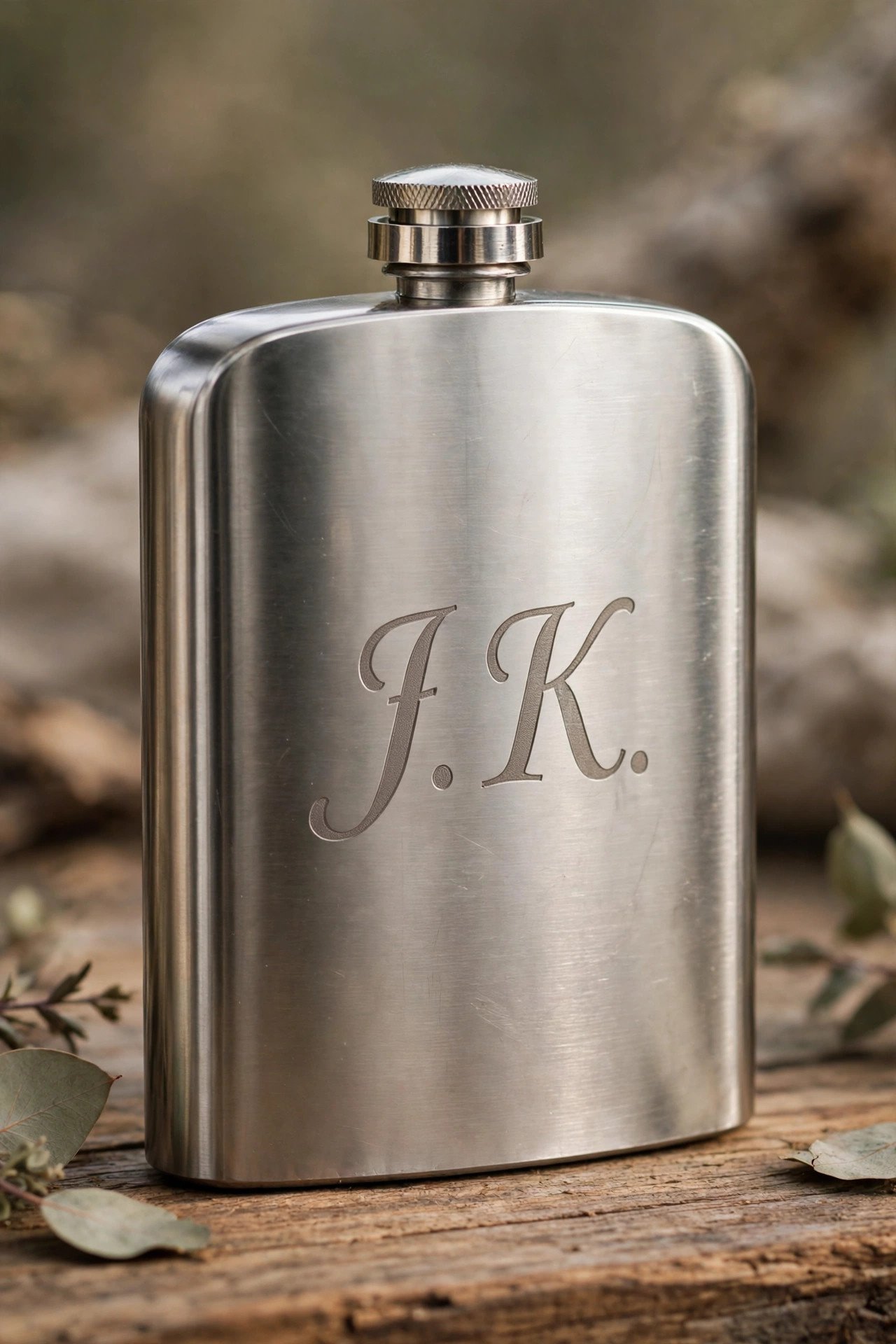 Stainless steel hip flask with engraved initials