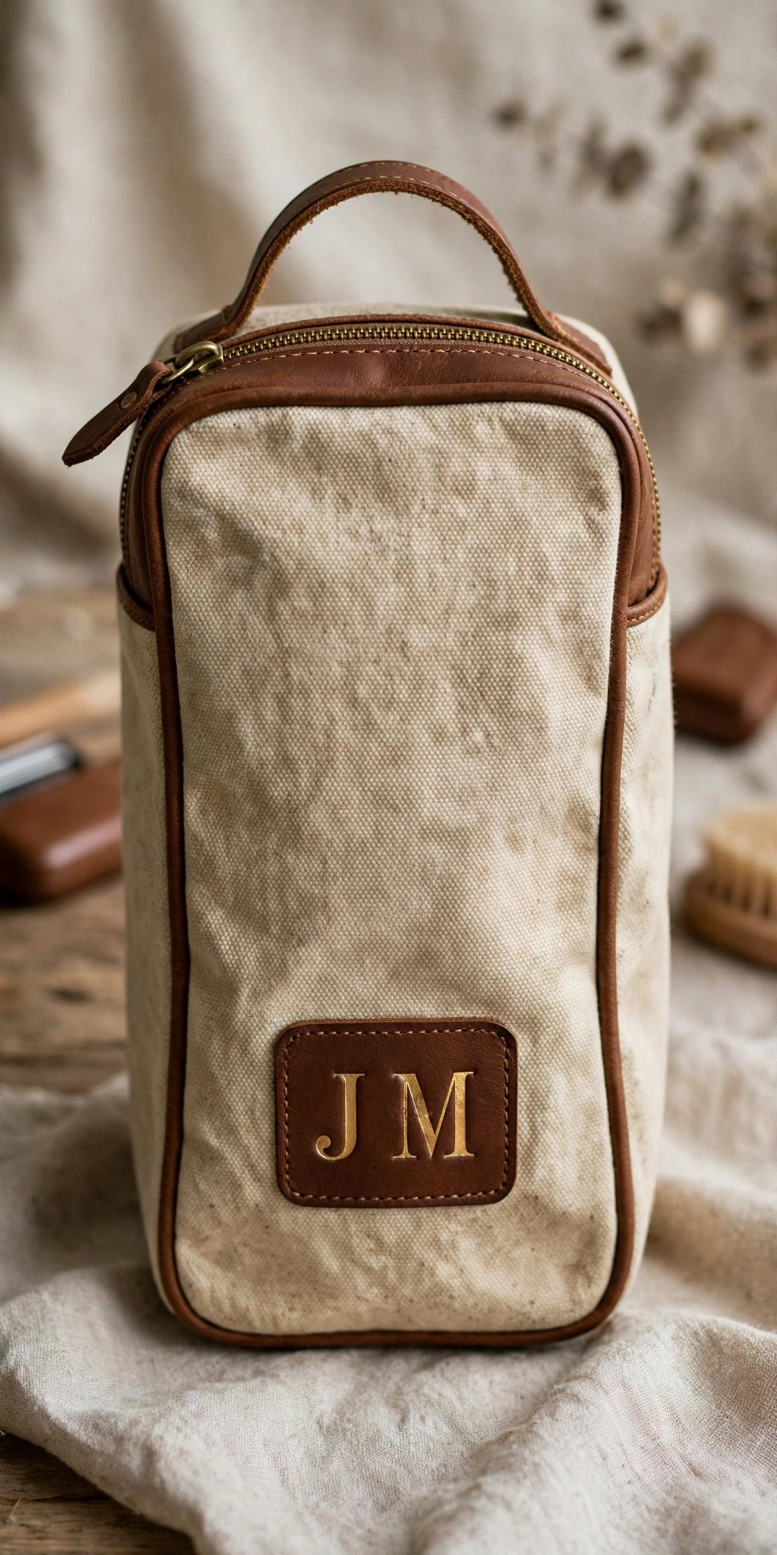 Canvas and leather dopp kit toiletry bag with monogram