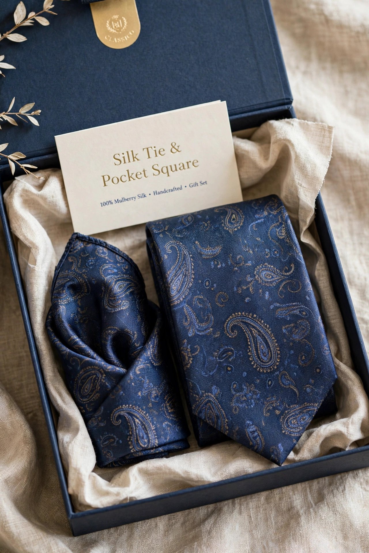 Silk tie and pocket square set in a gift box