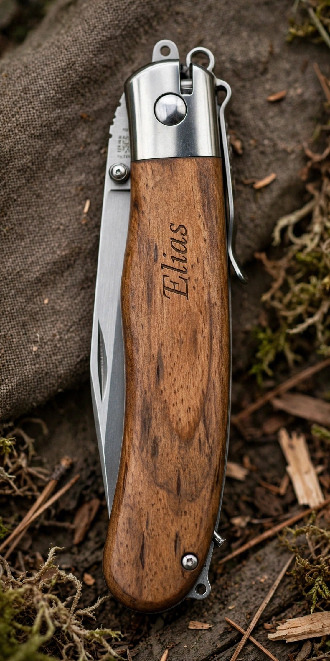 Wooden-handled pocket knife with engraved name