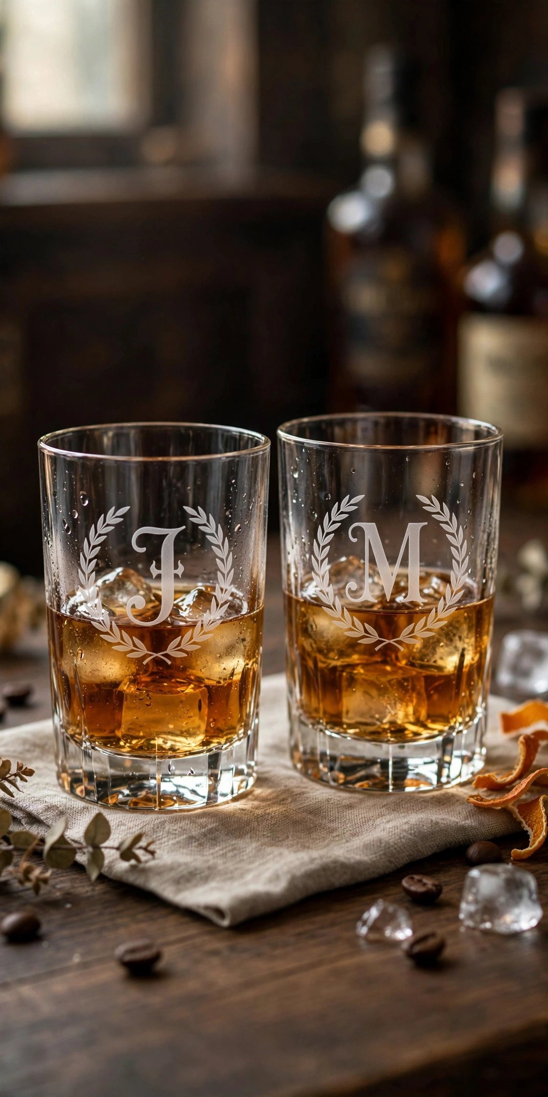 Set of two whiskey glasses etched with monogram
