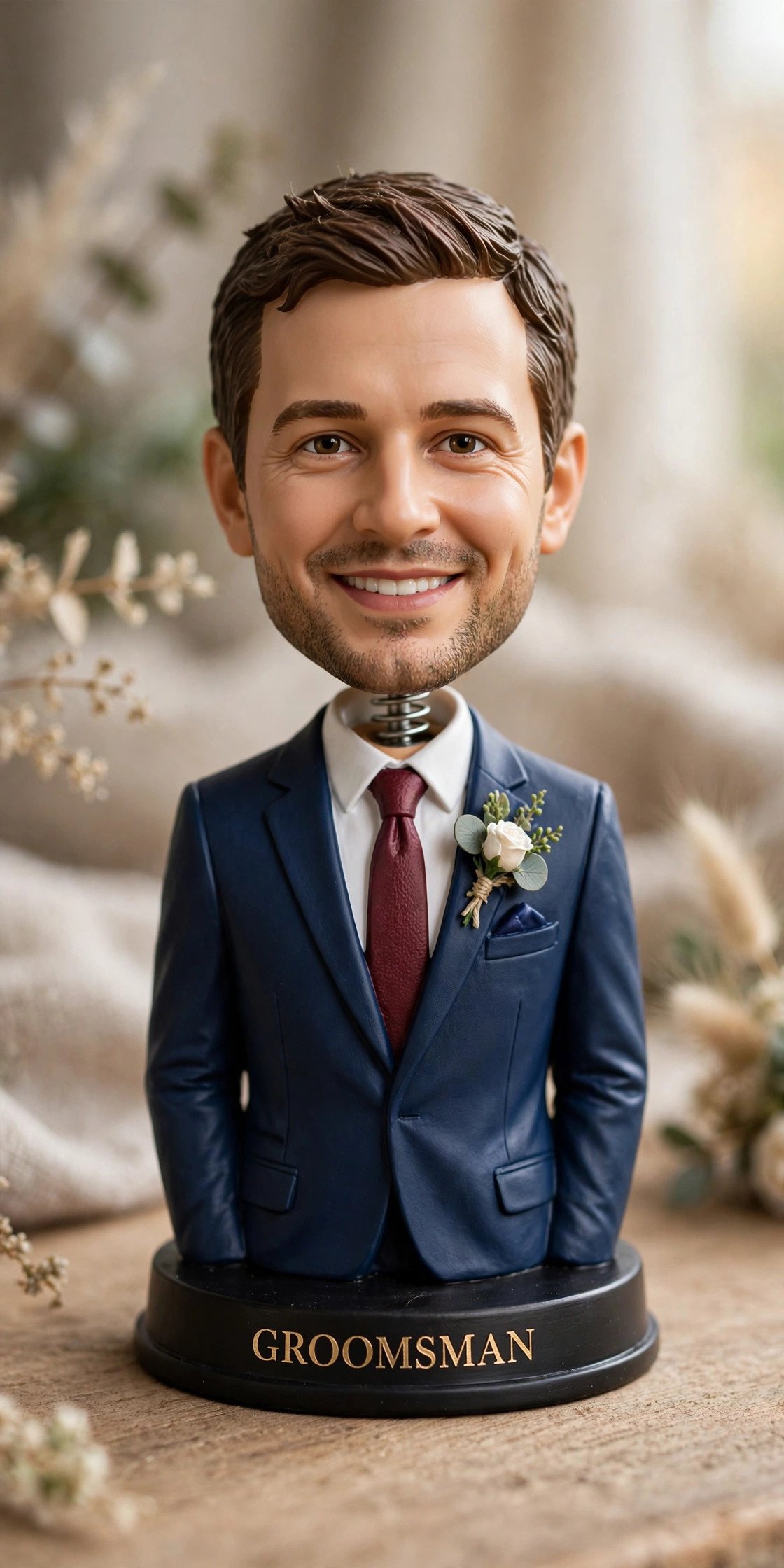 Custom bobblehead figurine of a groomsman in a suit
