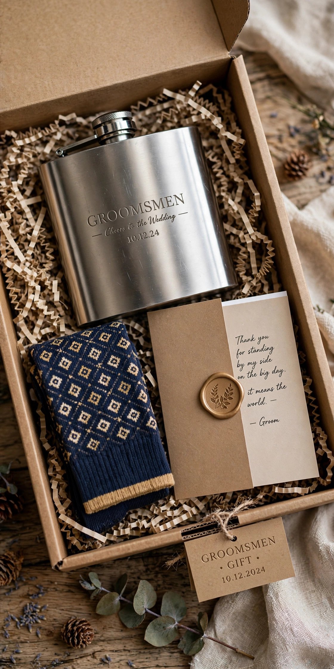 Curated groomsmen gift box with flask, socks, and card