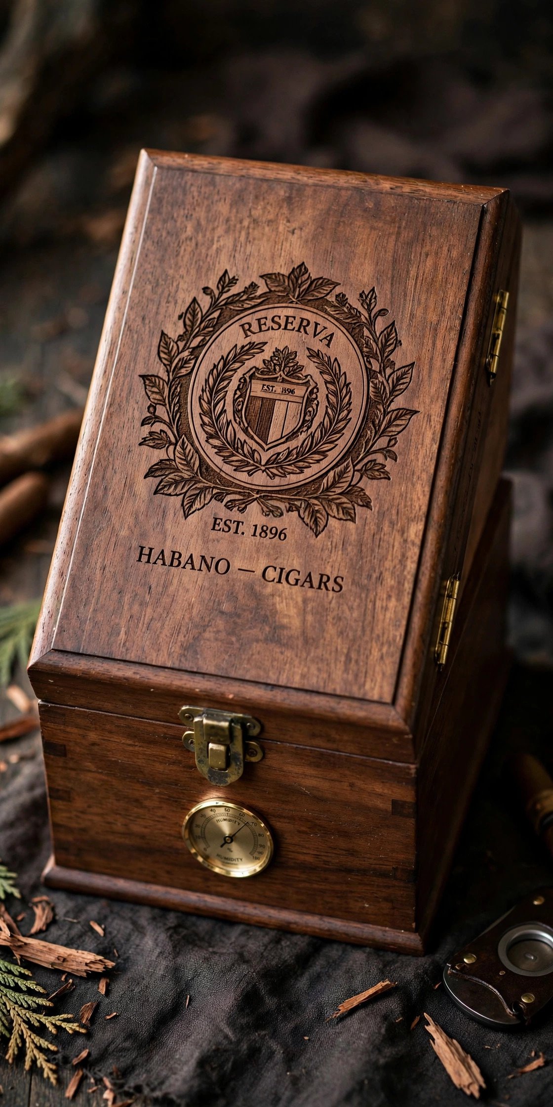 Wooden cigar humidor with engraved lid