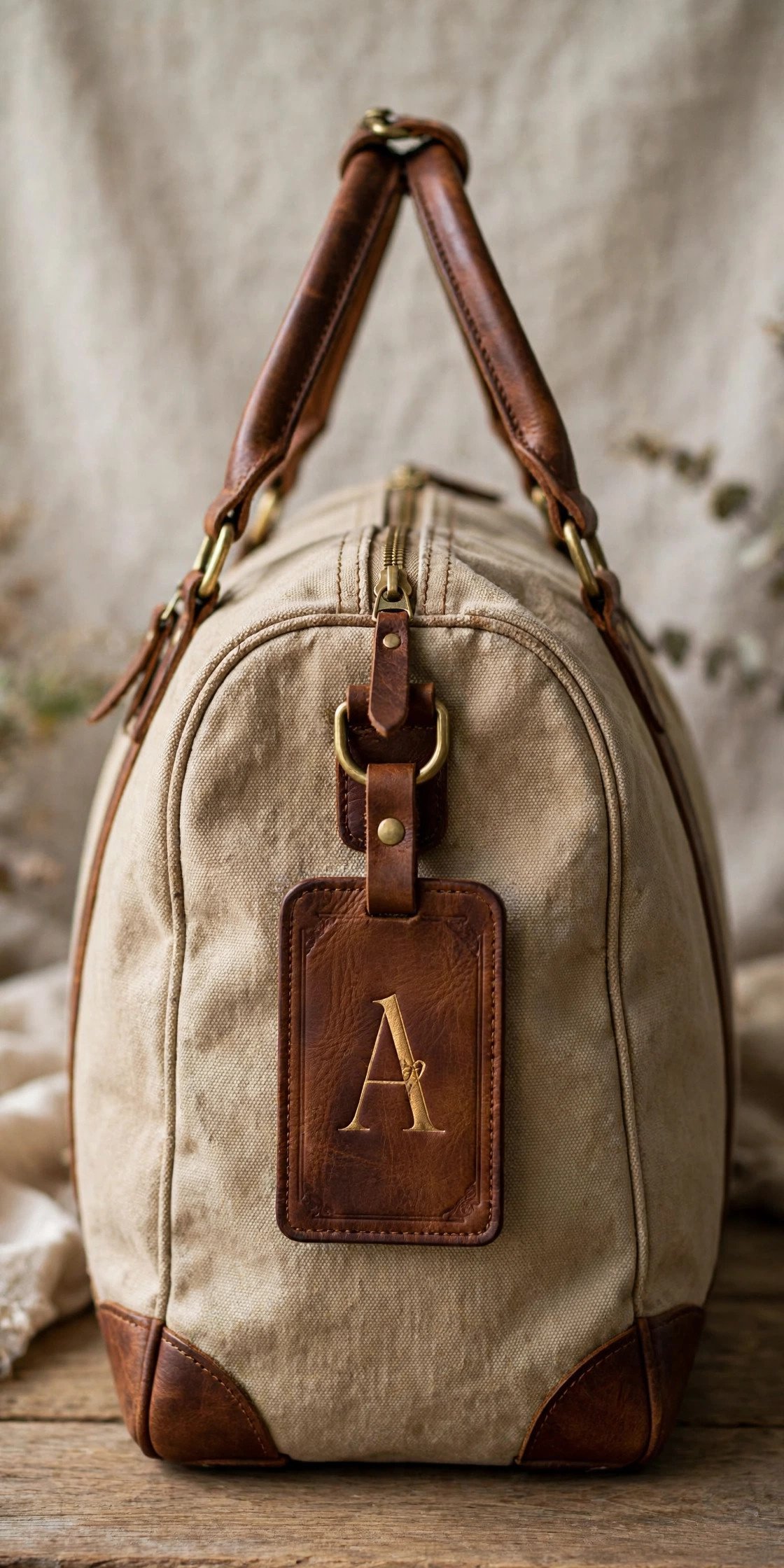 Canvas weekender duffel bag with leather monogram tag