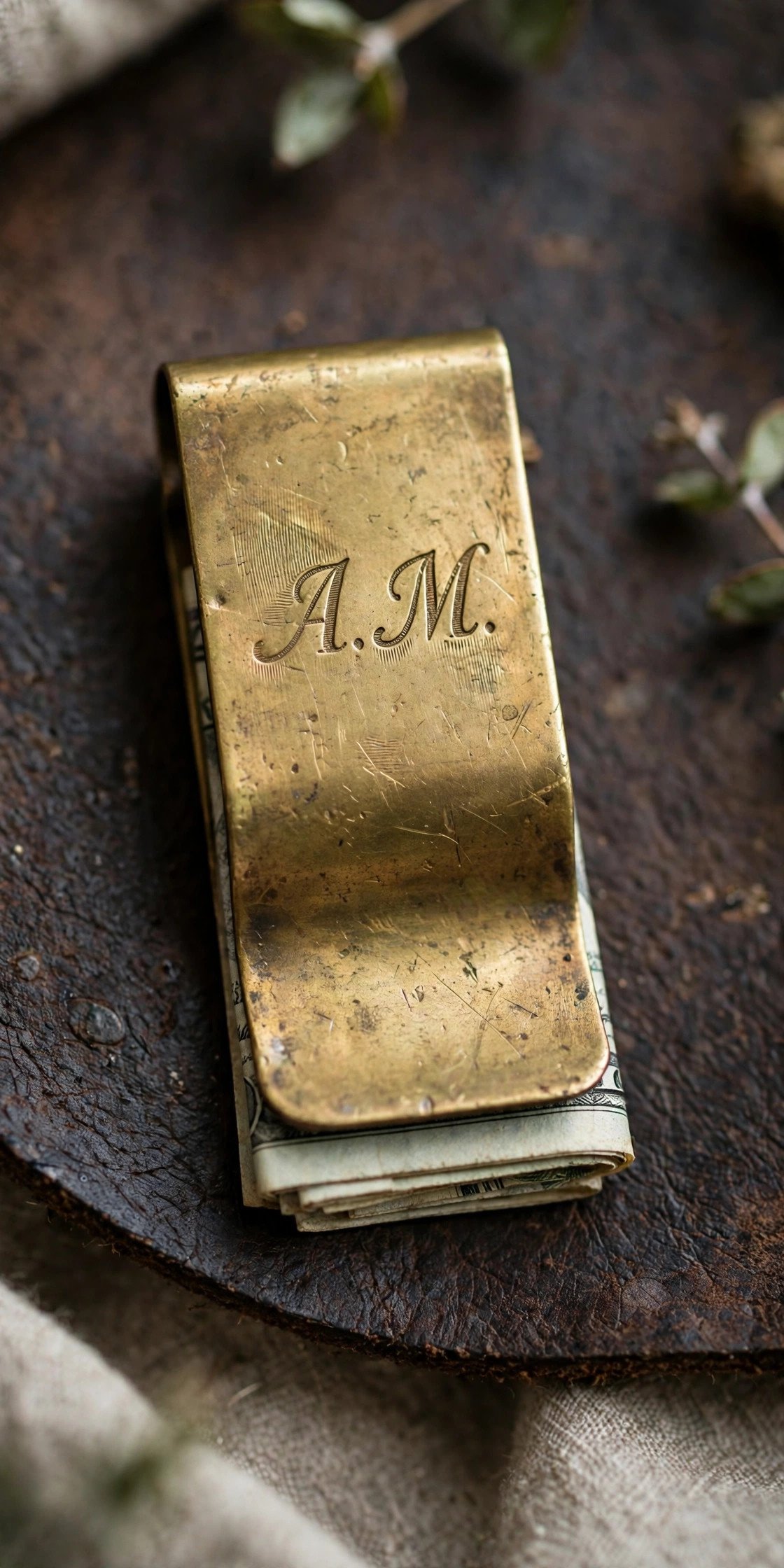 Brass money clip engraved with initials
