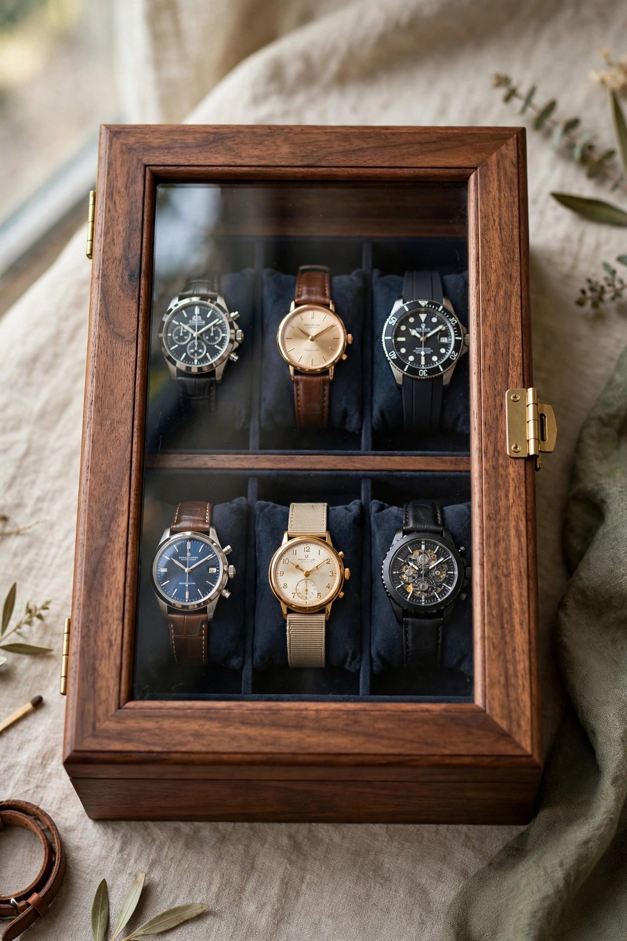 Wooden watch box with glass lid holding watches