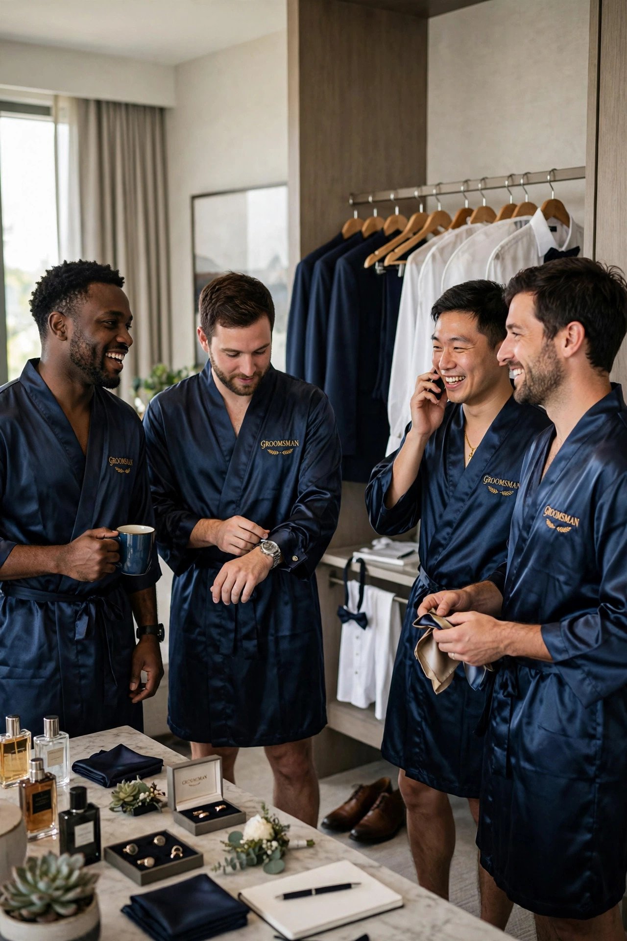 Matching satin robes for groomsmen getting ready