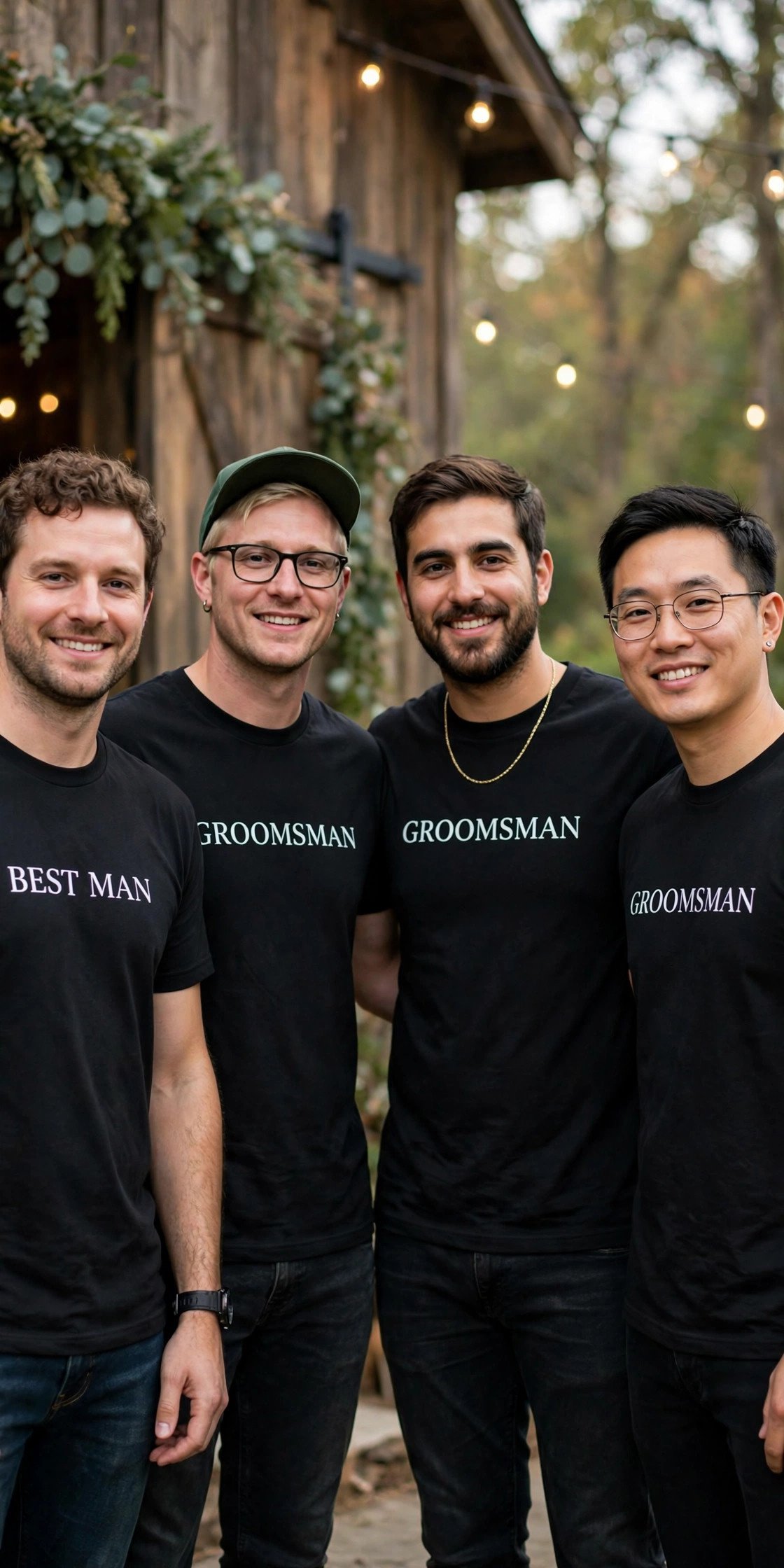 Matching groomsmen t-shirts with wedding party titles