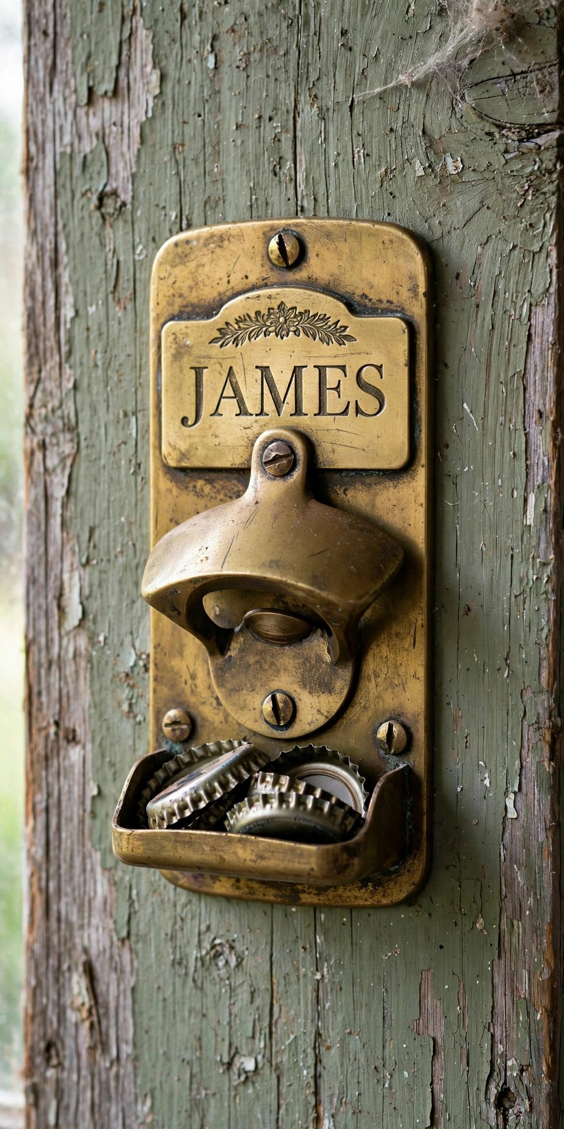 Wall-mounted brass bottle opener engraved with name