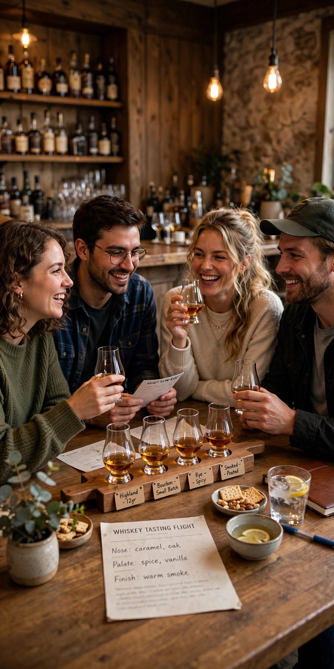 Friends enjoying a guided whiskey tasting flight
