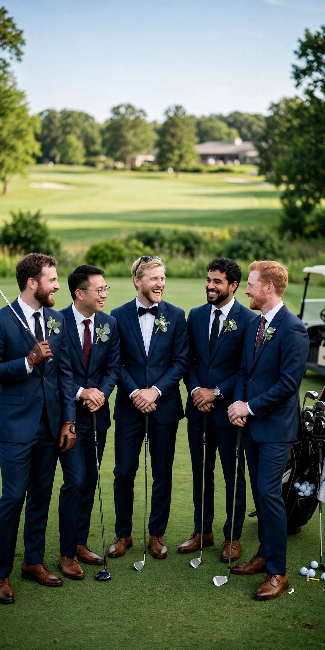 Groomsmen playing golf together on a green course