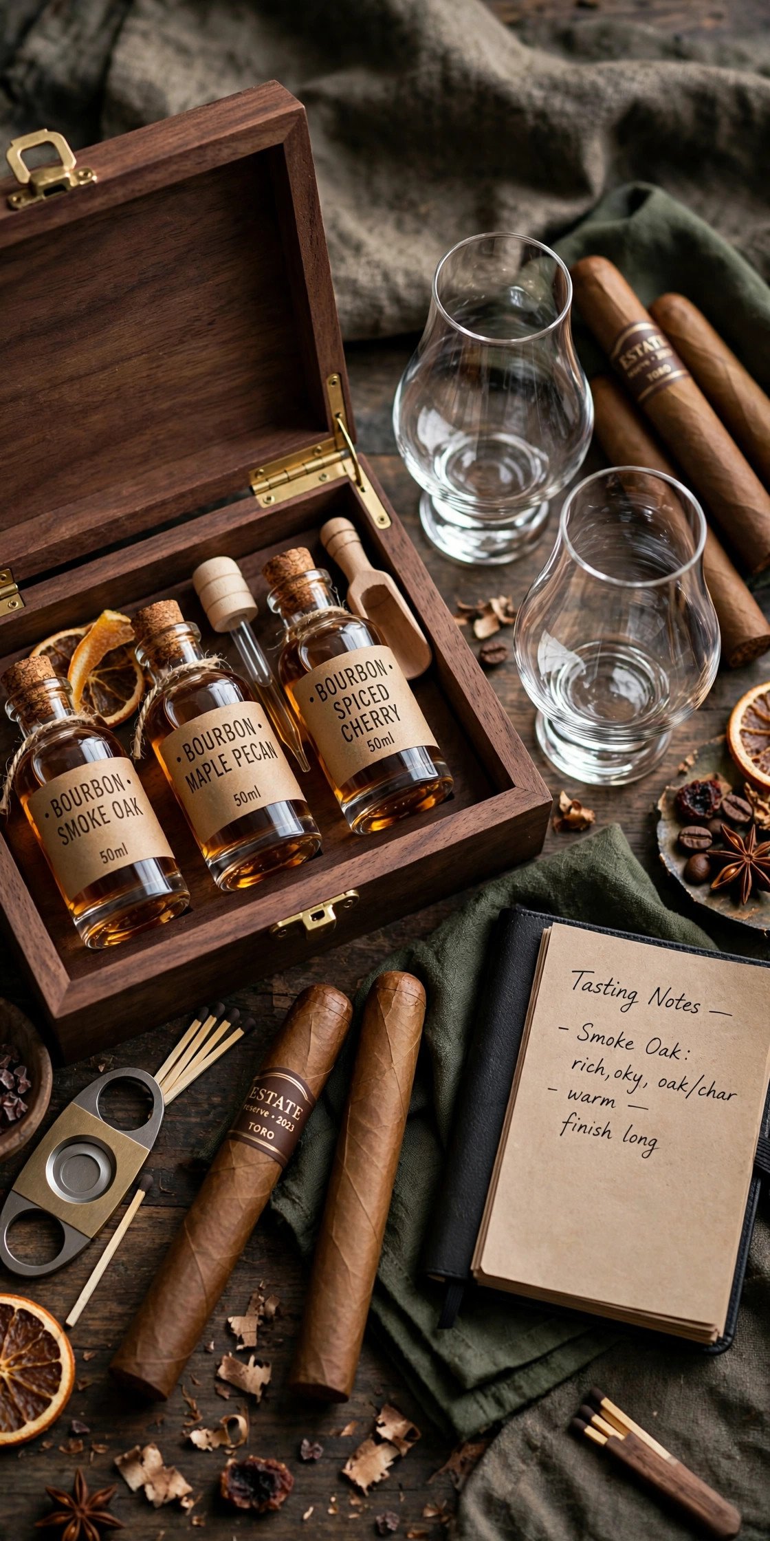 Bourbon tasting kit with cigars and glasses