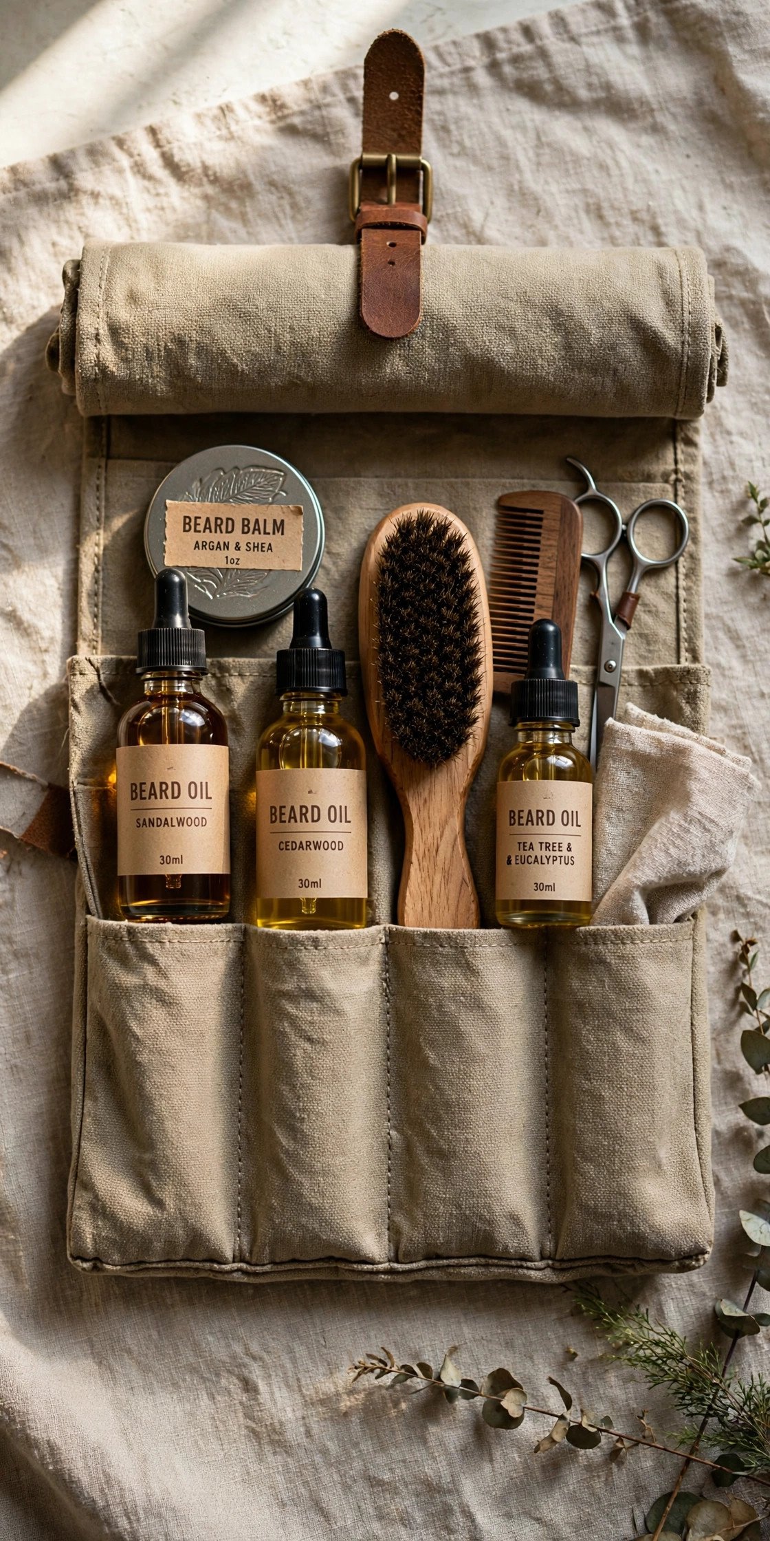 Beard grooming kit with oils and brush in a roll