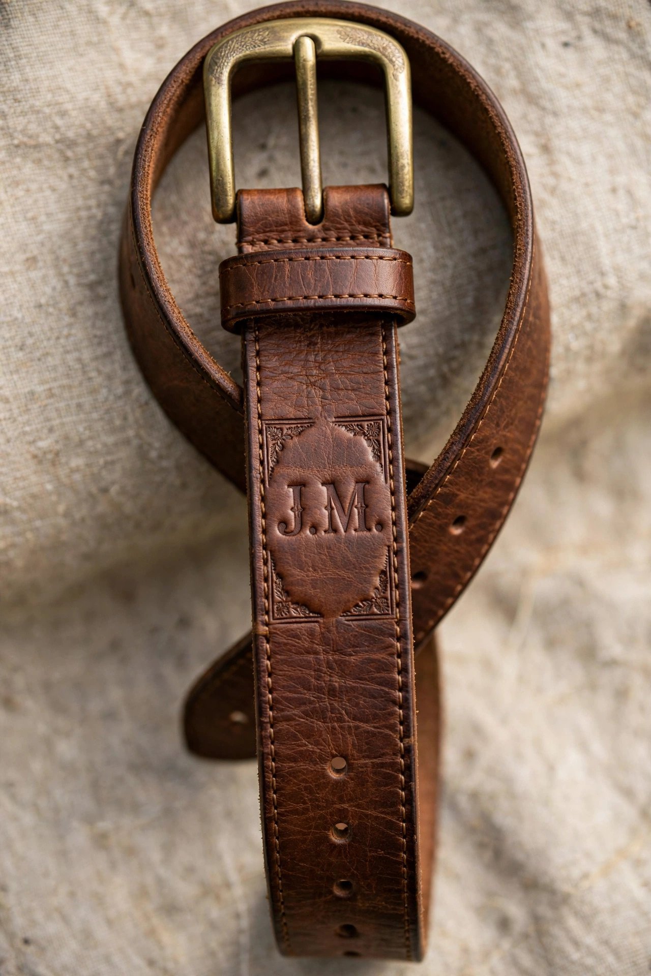 Leather belt with embossed initials on the strap