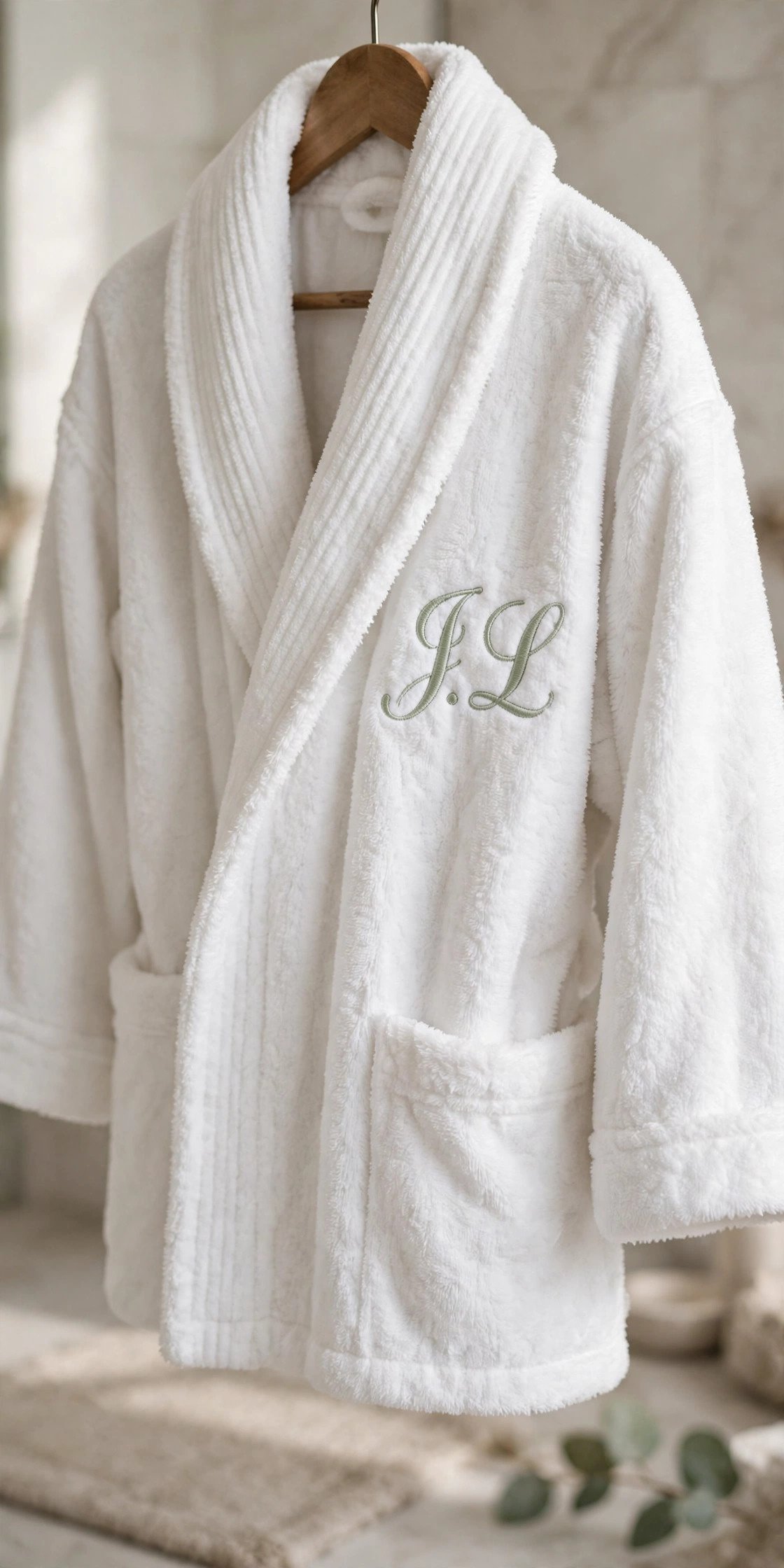 Plush white bathrobe with embroidered monogram
