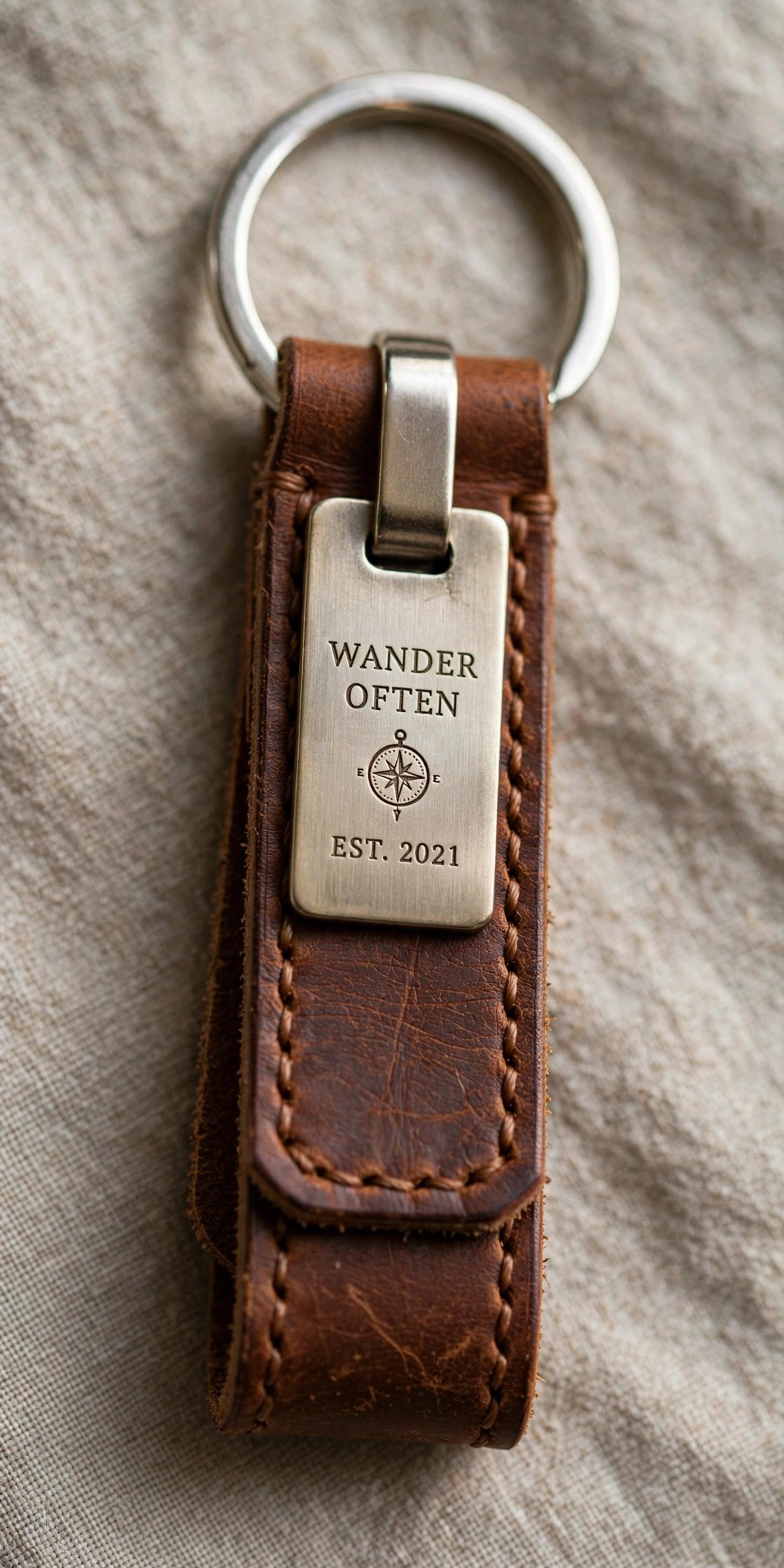 Leather keychain with engraved metal tag