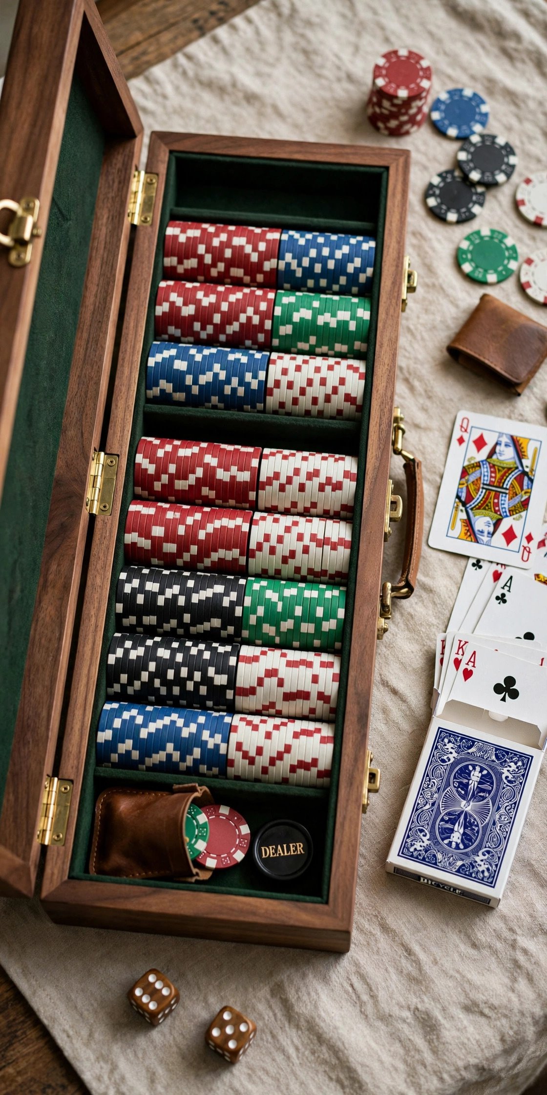 Poker chip set in a wooden case with cards