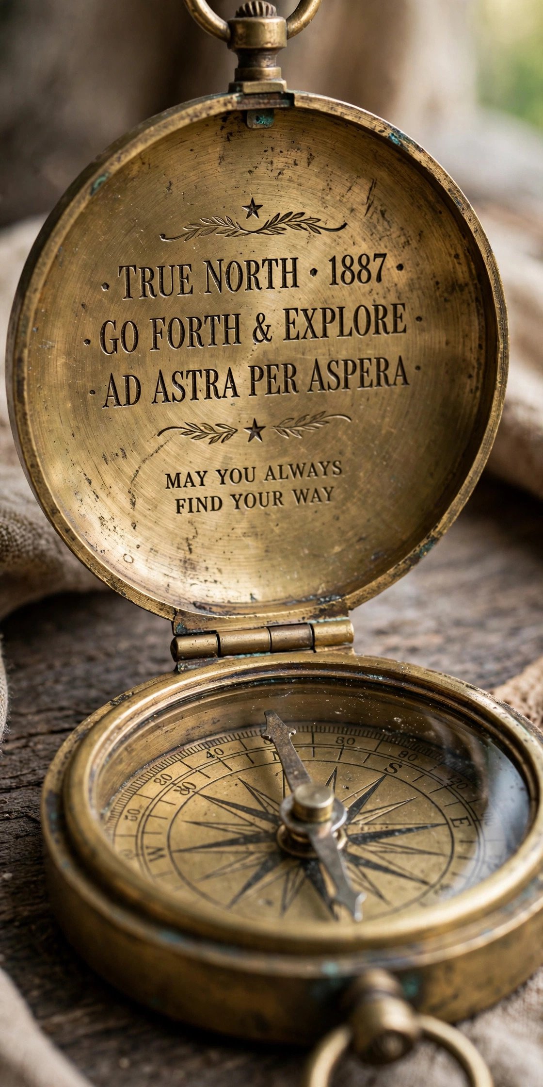 Brass compass with engraved message inside lid
