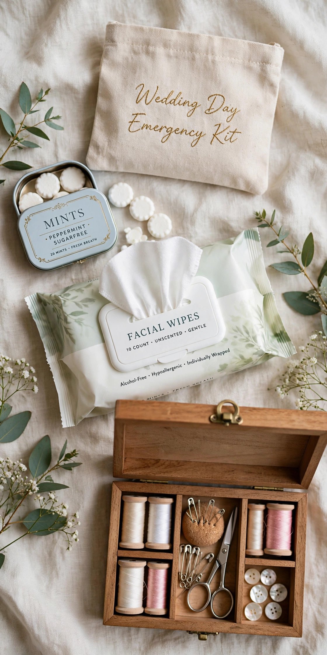 Wedding day emergency kit with mints, wipes, and sewing kit