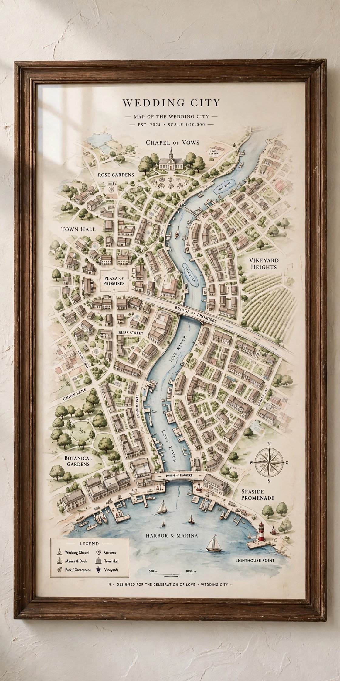Framed custom map art of the wedding city