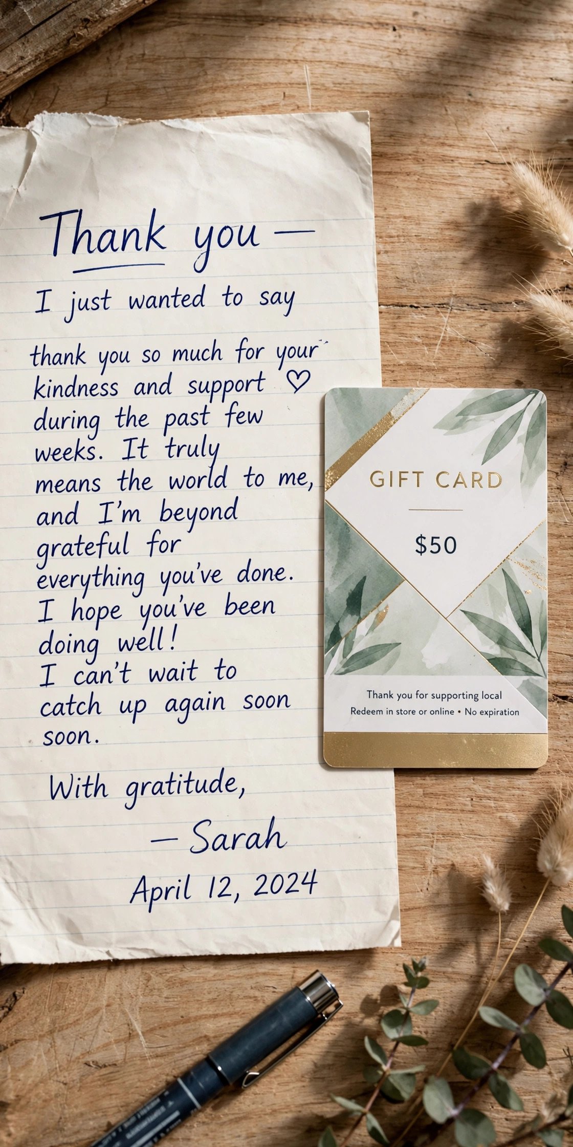 Handwritten thank you letter beside a gift card