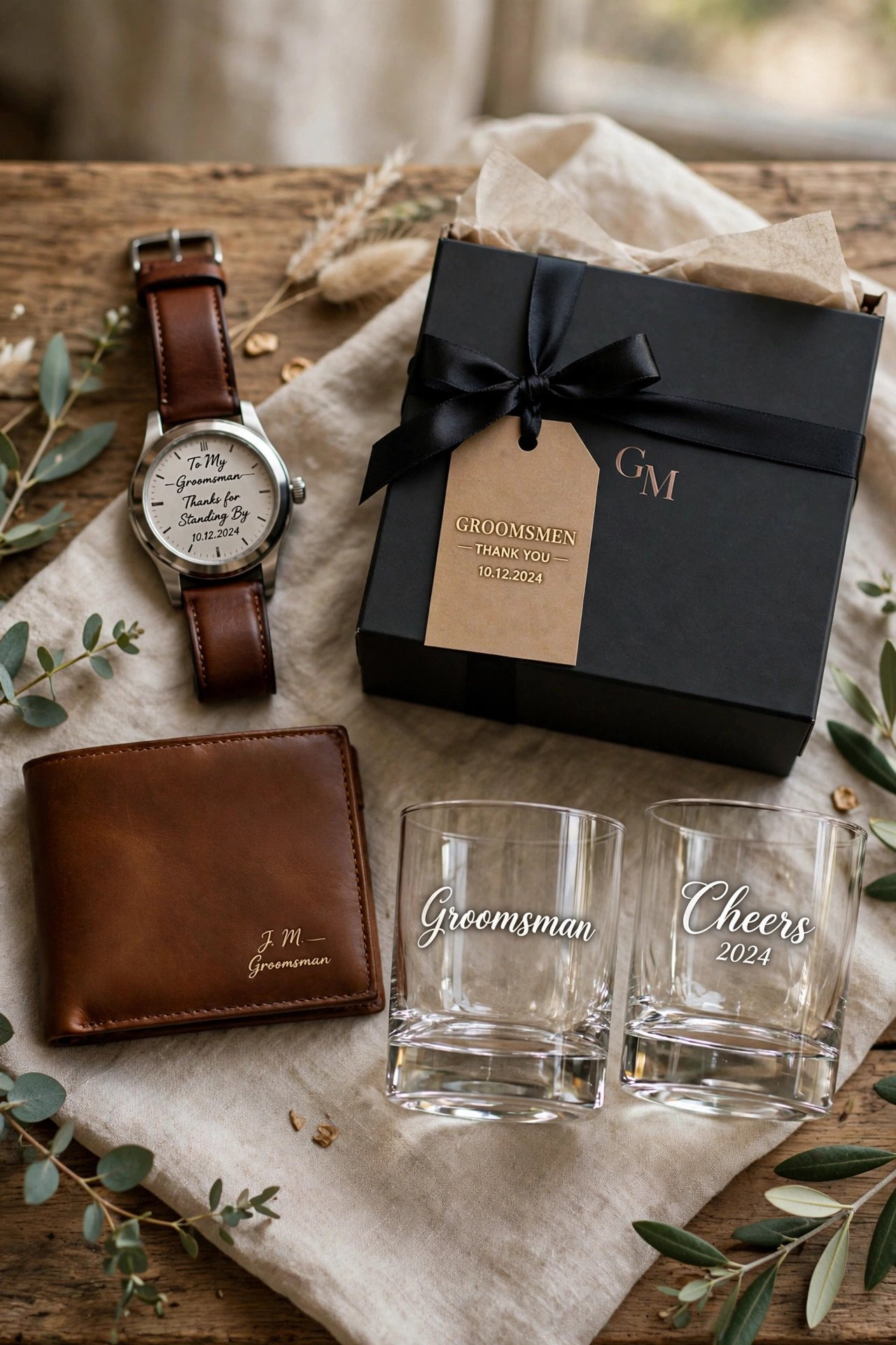 Groomsmen gifts arranged on a table: engraved watch, leather wallet, whiskey glasses and a personalized gift box
