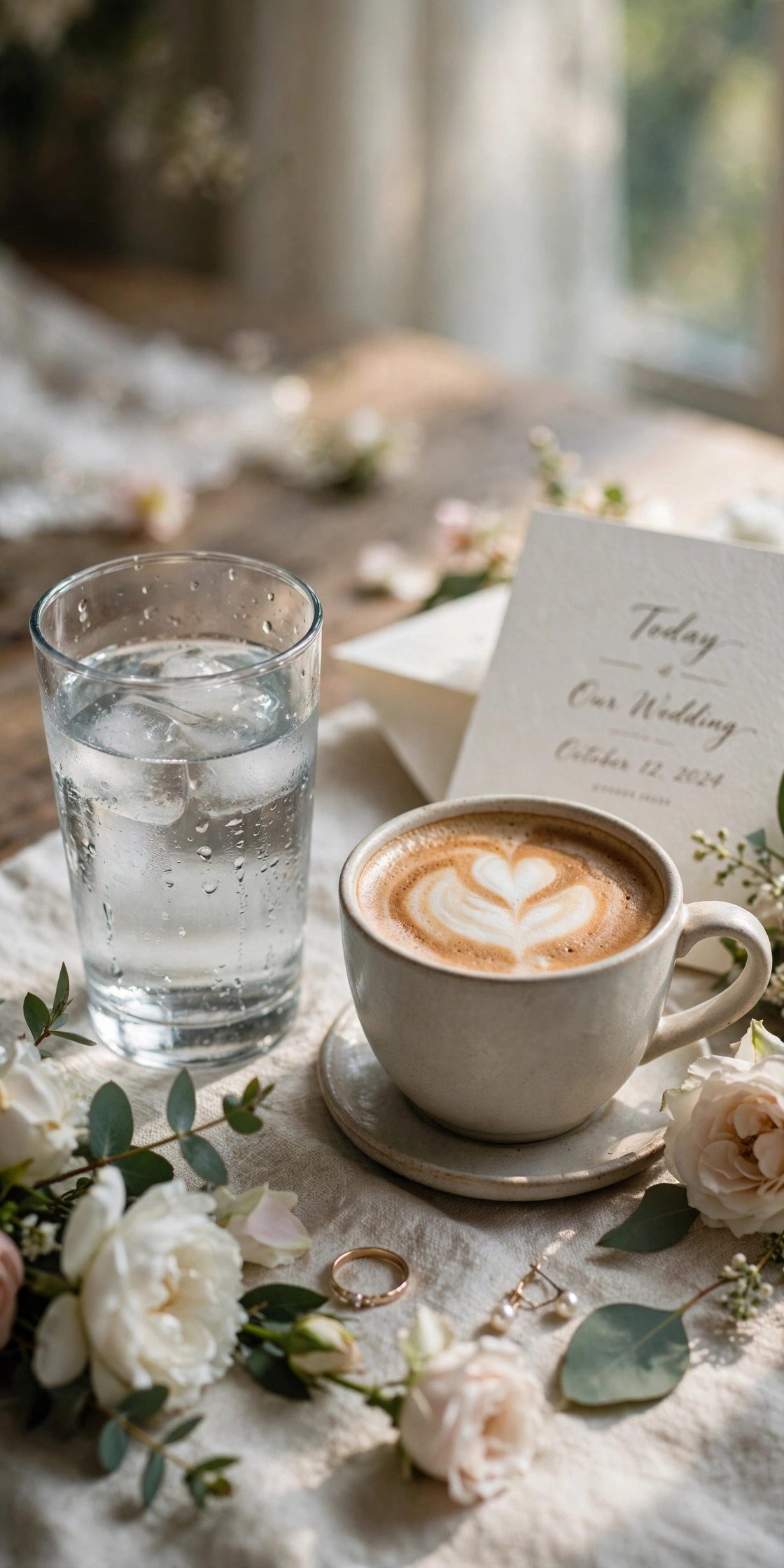 Glass of water beside coffee on wedding morning
